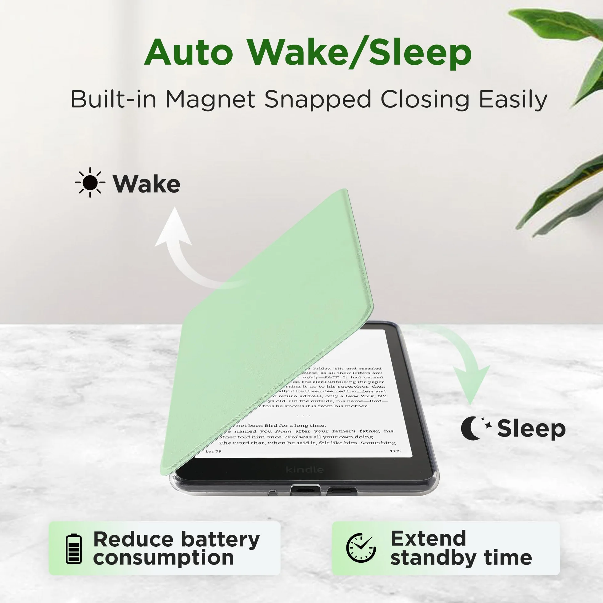 SESENSE Odłączane magnetyczne etui do Kindle 6'' 2024 i 2022 (11 generacji), smukłe etui z PU Shell Cover z automatycznym budzeniem/uśpieniem, zielony matcha