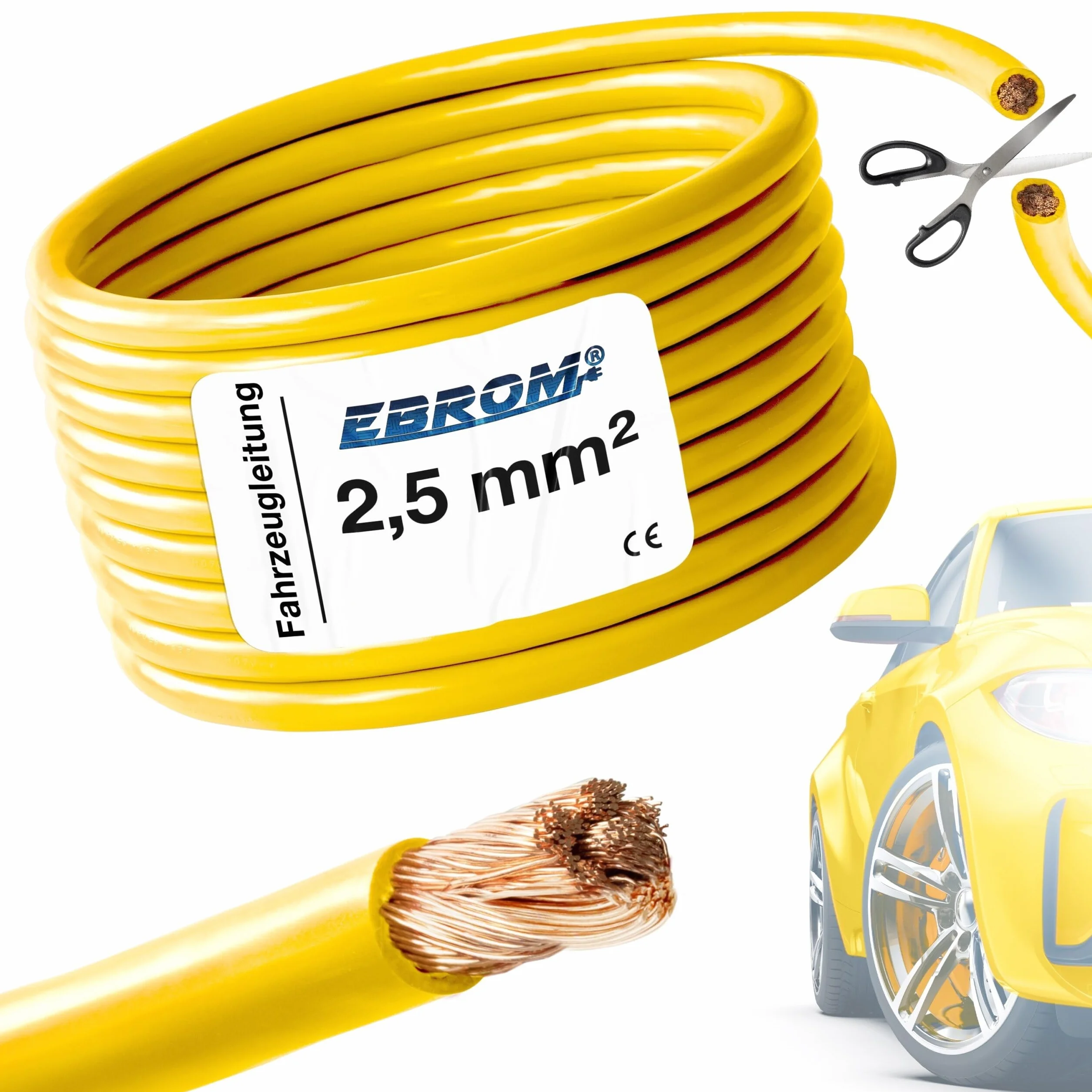 EBROM FLRY przewód samochodowy 2,5 mm2, 5 m, kolor: żółty, przekrój 2,5 mm² (mm2), elastyczny, 90 ± 5 Shore, 99,99% miedziany płaszcz PCW FLRy