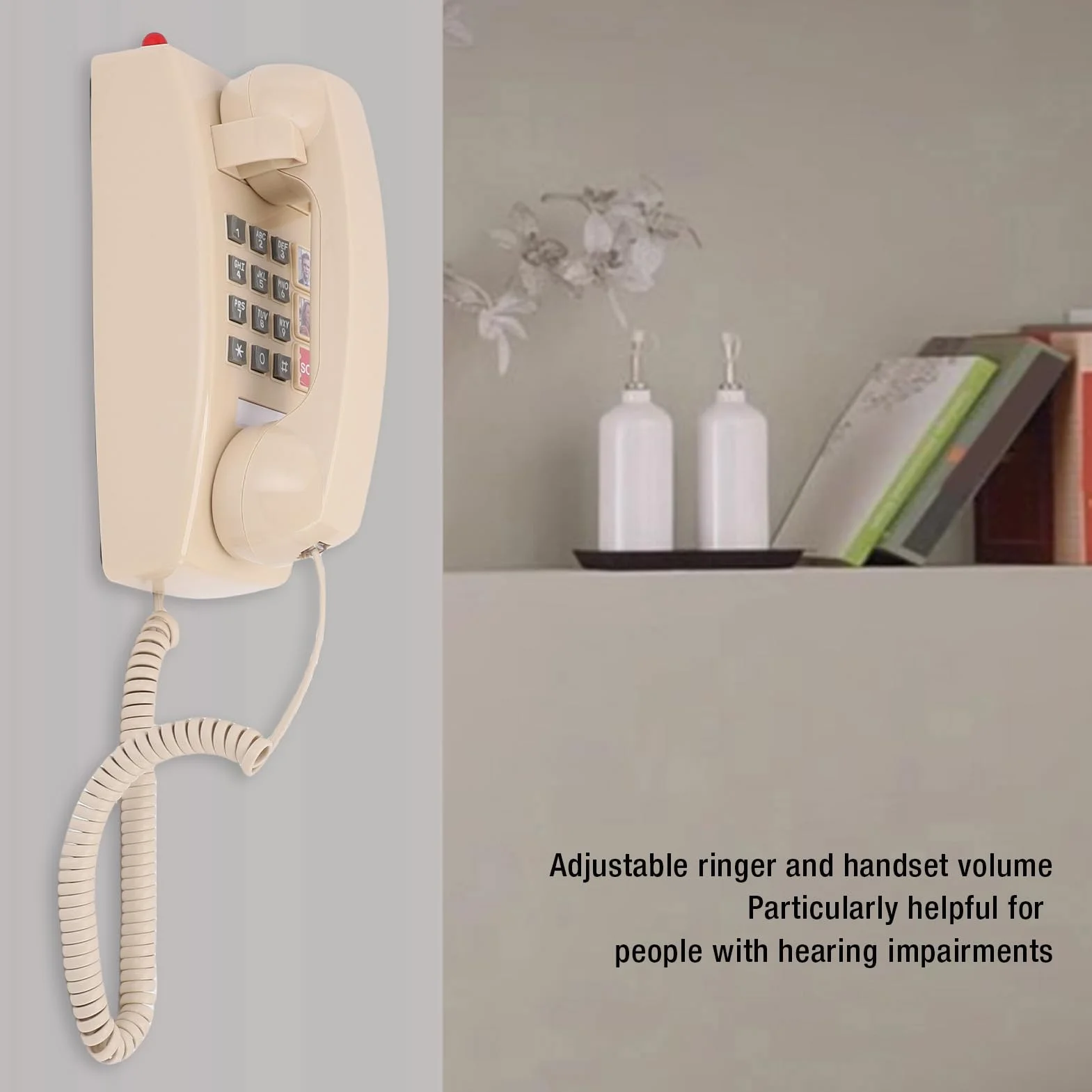 Telefon do ściany Retro z regulowaną objętością, łatwy w Użyciu Telefonu Telefonu Stacjonarnego, 3-poziomowy Wolumen One-Touch SOS, do Domu, Biurka, Szkoły, Biura