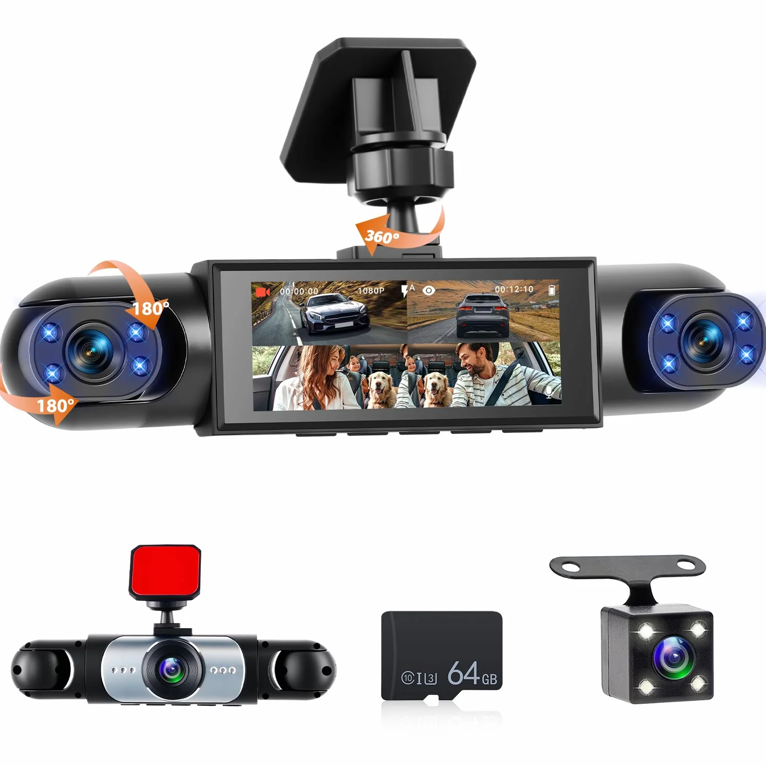 1080P Dash Cam 360 stopni 4 kanały, ekran 3,16 cala z 64 GB | Dashcam z kartą SD 64G, czujnik G, kamera cofania, tryb parkowania 24H, noktowizor, nagrywanie w pętli