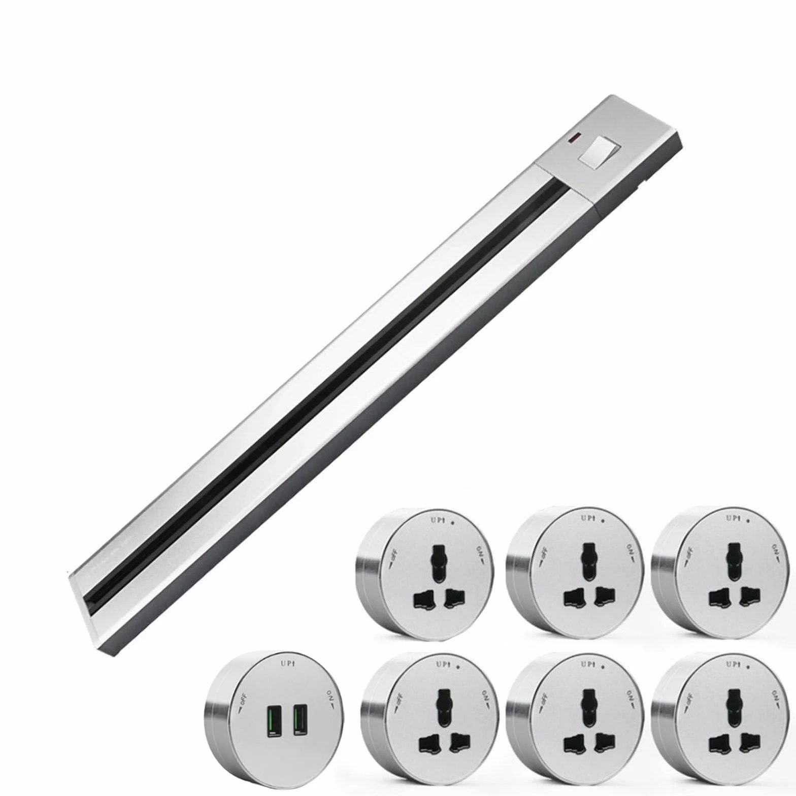 Listwa zasilająca z gniazdem mobilnym 1200 MM, elastyczna, umożliwiająca dodawanie i usuwanie gniazd, stop aluminium w kolorze srebrnym/szarym/złotym/czarnym,Silver-120MM+BPORT