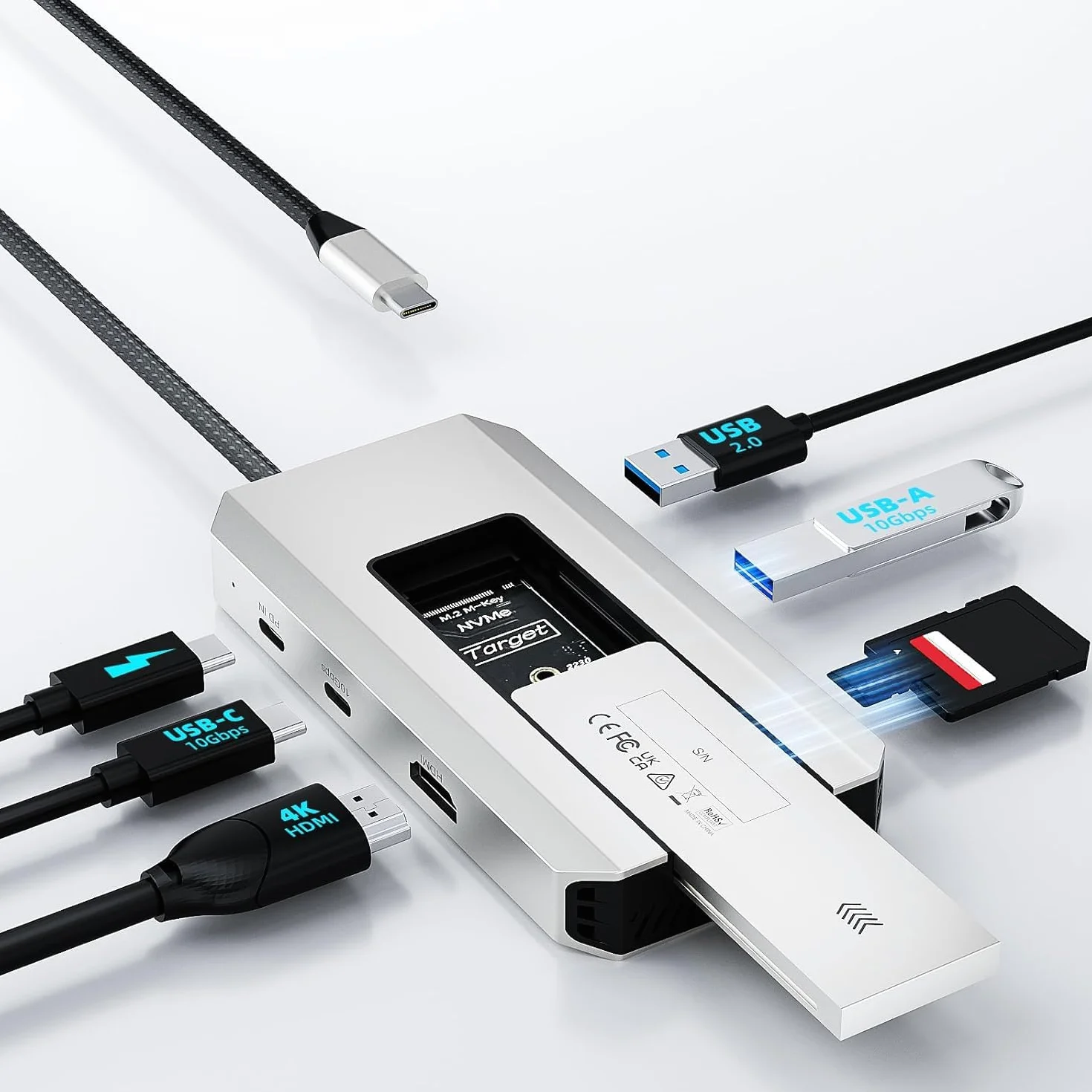 Hub USB-C, WAVLINK 10 Gbit/s koncentrator USB C ze złączem M.2 PCIe/SATA SSD, HDMI, 100-W-PD, USB-A&C 3.2/2.0, SD&TF, kompatybilny z MacBookiem/Chromebookiem/Dell/HP/Lenovo