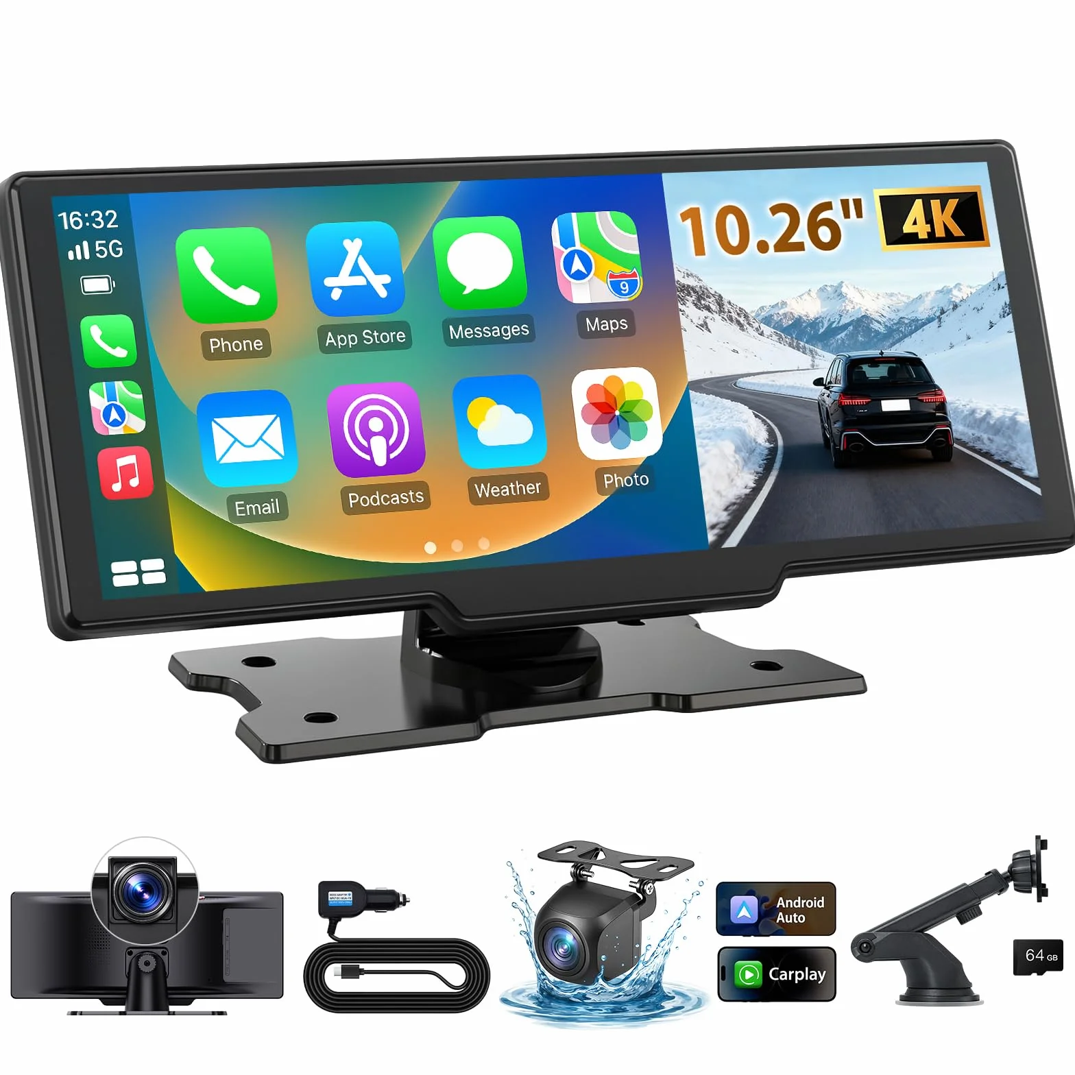 Bezprzewodowy ekran Carplay i Android Auto 26.1 cm, Apple Car Play z kamerą samochodową 4K i kamerą cofania, nawigacja GPS i sterowanie głosem, ekran Carplay do samochodów, SUV-ów, vanów (ADAS)