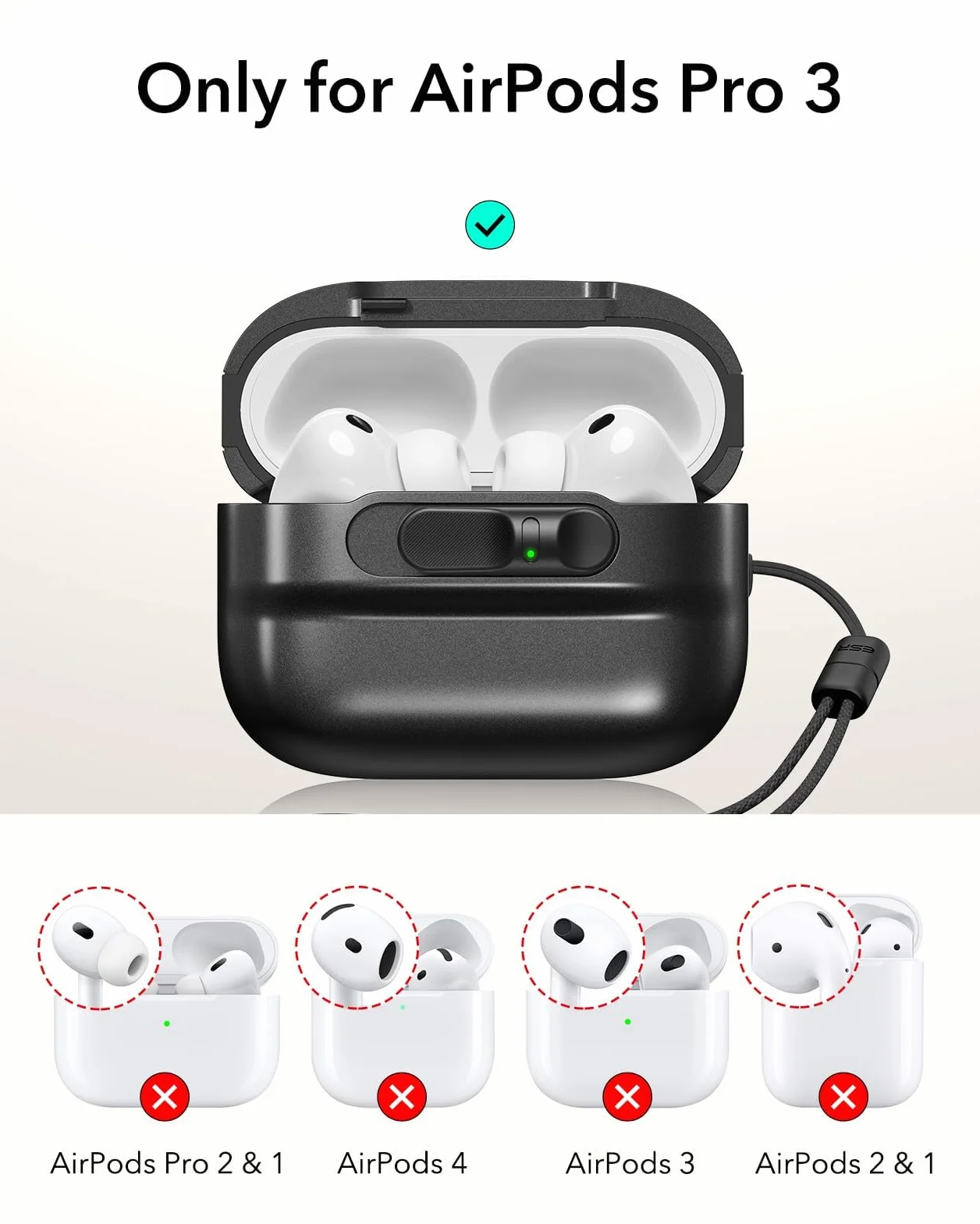 ESR Etui do AirPods Pro 3 (kabel USB-C), kompatybilne z AirPods Pro 3. generacji (2025), gotowe do MagSafe, pełna ochrona przed upadkiem ze smyczą, czarne