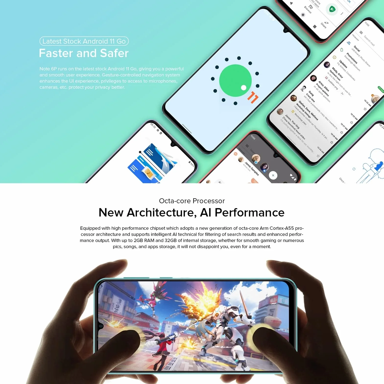 Ulefone Smartfon 4G bez umowy, Note 6(P), 8,5 mm, ultra cienki dual SIM, ekran HD 6,1", 3 gniazda na karty, Android 11 Go, 2 GB + 32 GB, aparat 8 MP + 5 MP, odblokowanie