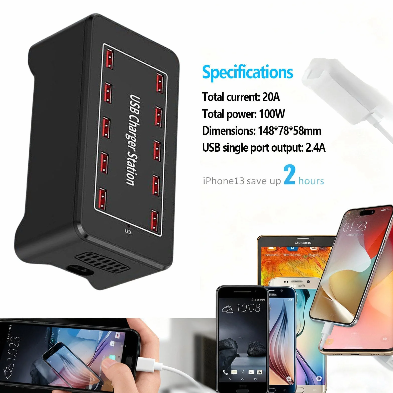 Stacja ładująca USB z 10 portami 2,4 A, ładowarka, szybkie ładowanie 2,5 godziny, łatwe przenoszenie, kompatybilna ze wszystkimi urządzeniami USB 100W