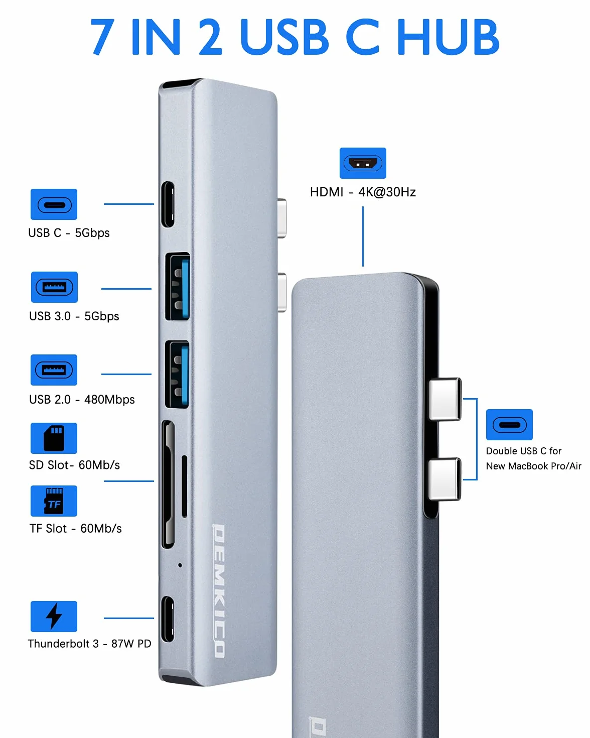 Hub USB C 7 w 1 do MacBook Pro i MacBook Air, adapter DEMKICO Macbook Pro z HDMI 4K, portem USB 3.0 i USB 2.0, czytnikiem kart SD/TF, Thunderbolt 3 (87W PD) i portem żeńskim USB C