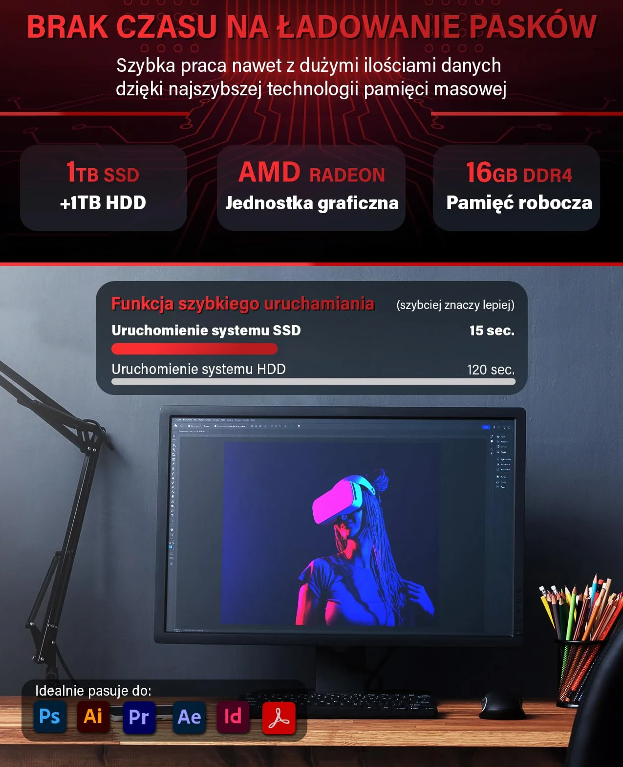 Greed® Komputer Ultra V2 z AMD Ryzen 7 5700G – szybki PC + Desktop do biura i domowego biura o częstotliwości 4,6 GHz, 16 GB pamięci RAM - 1TB SSD + 1TB HDD - DVD+RW - USB 3.1 + Windows 11 Pro