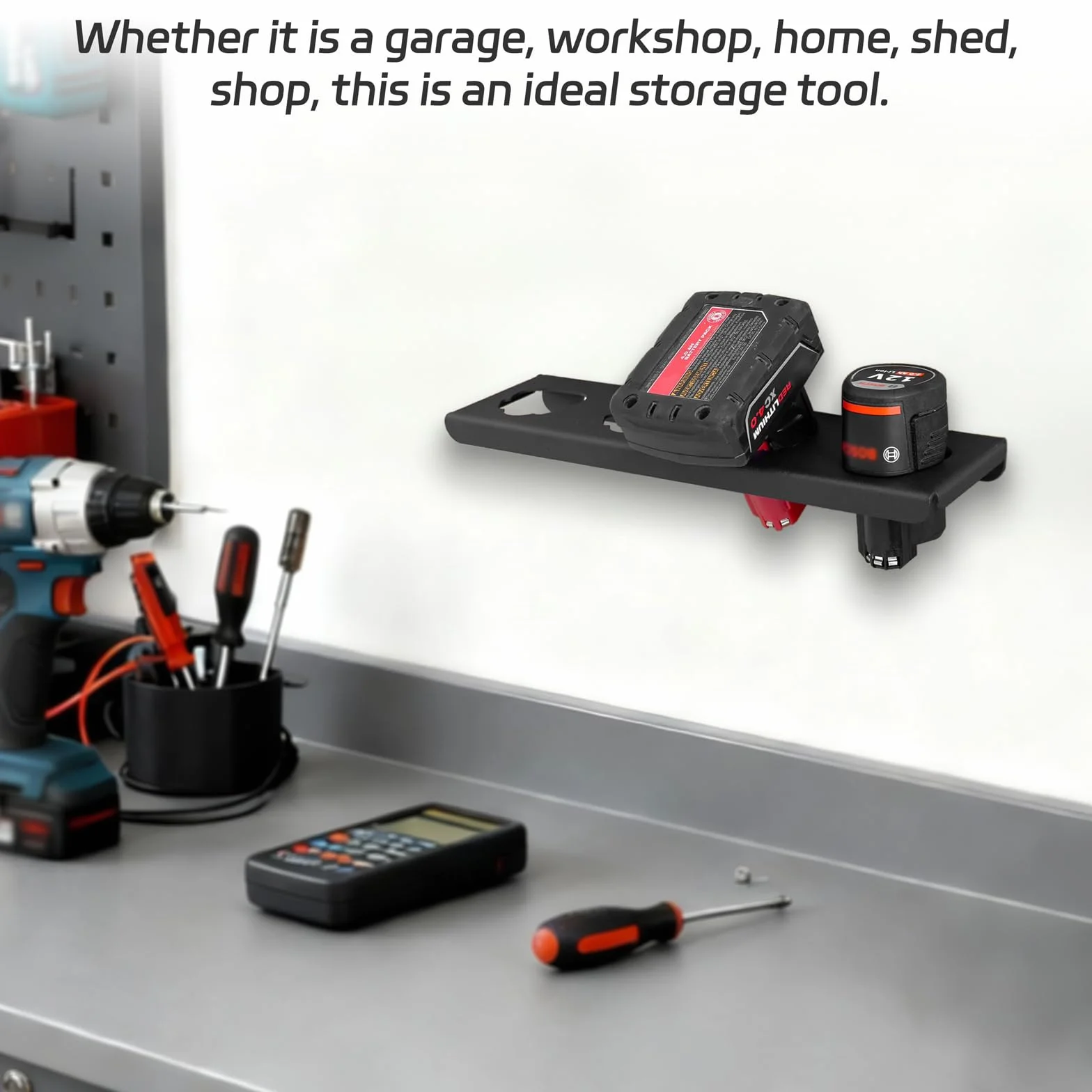 4-slotowy Uchwyt na Baterie Mocowany do Ściany Kompatybilny z Bosch 12V / Milwaukee 12V / Makita 12V Akumulatorami, Montaż na Tablicach Perforowanych i Ścianach