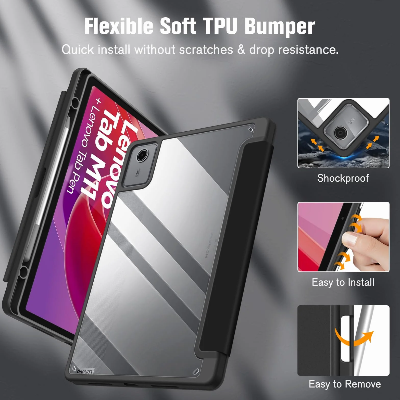 FINTIE Etui kompatybilne z Lenovo Tab M11 (TB330) 11-calowy tablet 2024 - [z uchwytem na długopisy] cienka, lekka, przezroczysta tylna obudowa z miękkiego TPU, czarne