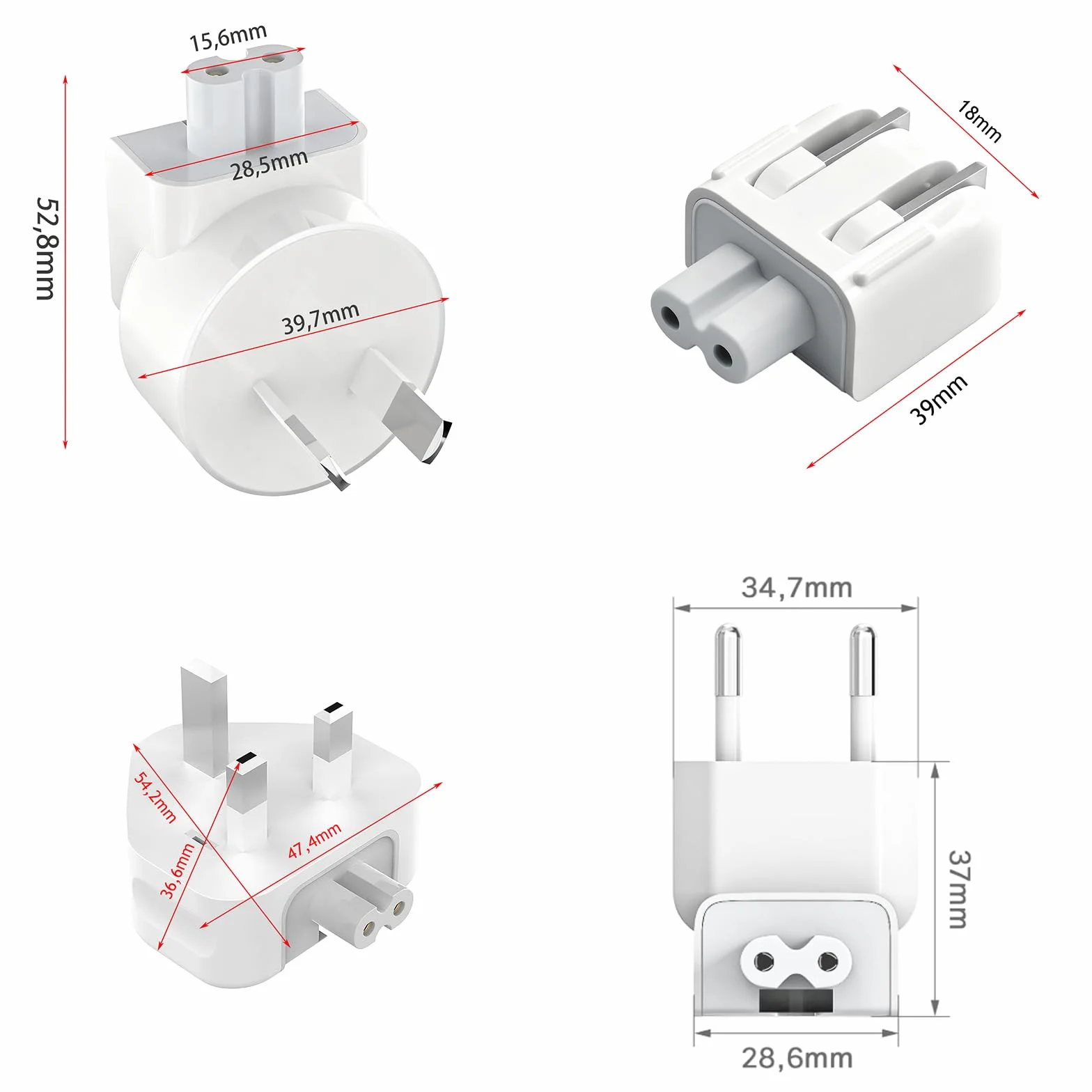 Zestaw adapterów uniwersalnych dla Apple Power Adapter – 4-w-1 zestaw wtyczek EU/US/UK/AU, kompatybilny z ładowarką Apple MacBook i zasilaczem iPad, uniwersalny zamiennik AC, adapter podróżny na cały