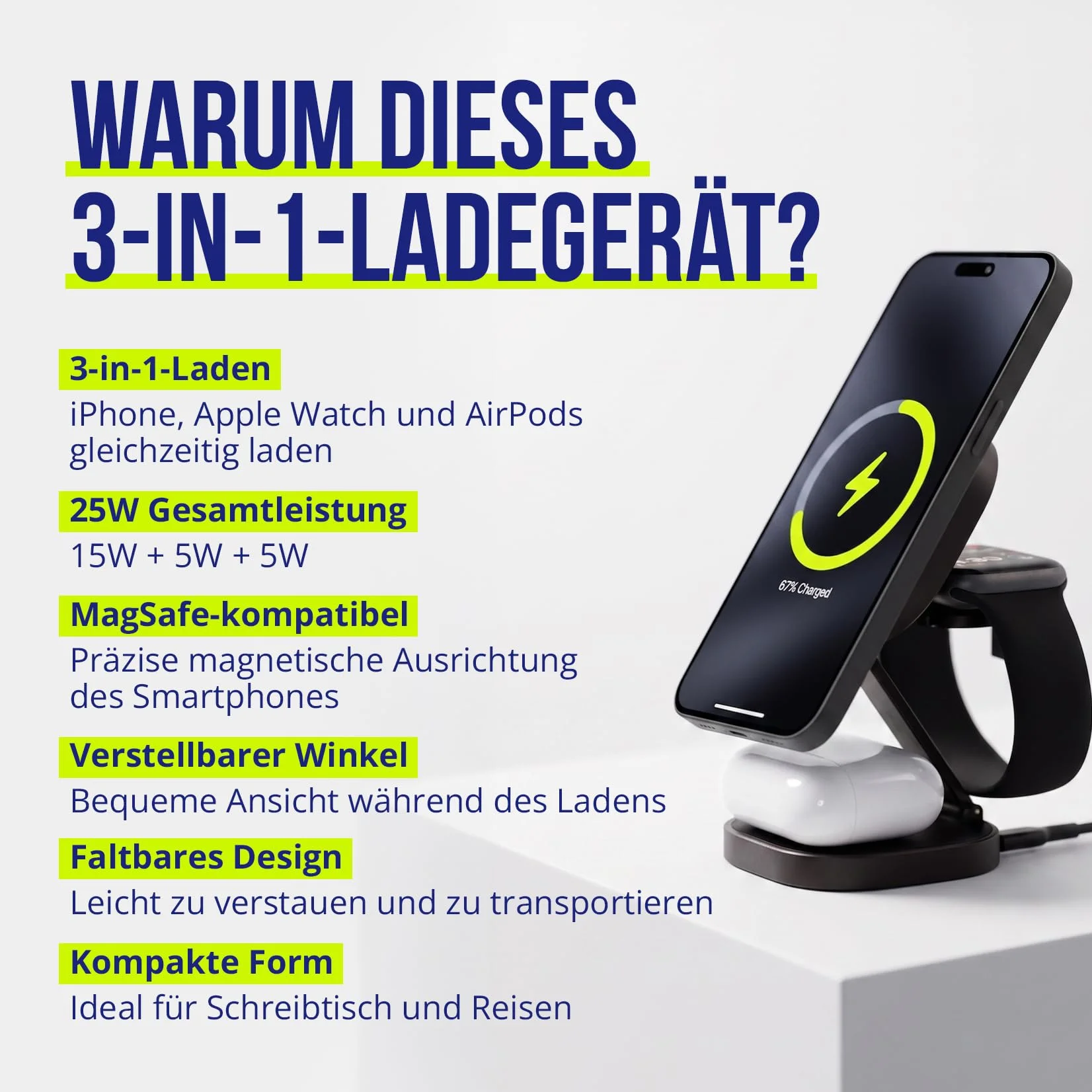 Ładowarka 3 w 1, 25 W, składana, bezprzewodowa stacja ładująca do iPhone'a, Apple Watch i AirPods, mini bezprzewodowa podstawka ładująca z diodami LED i USB-C – kompatybilna z Qi i MagSafe