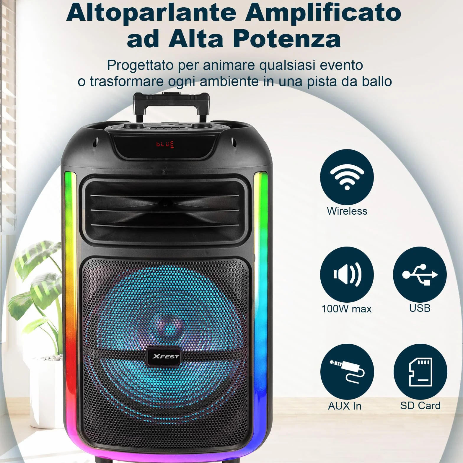 Trevi XFest XF 1400 KB bezprzewodowy głośnik 100 W, przenośny głośnik z mikrofonem z kablem w zestawie, wejściami USB, micro SD, AUX-IN i gitarą, funkcja TWS, wbudowana bateria wielokrotnego ładowania