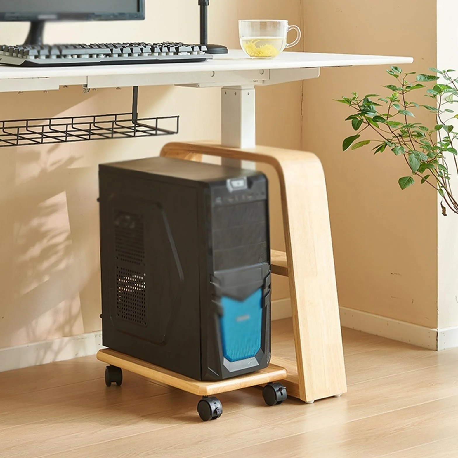 Stojak na komputer PC Tower Sand Under Desk, mobilny uchwyt na wózek procesora | Stojak podłogowy PC z 4 kółkami blokującymi pod biurkiem (naturalny, 52 x 28,5 cm)