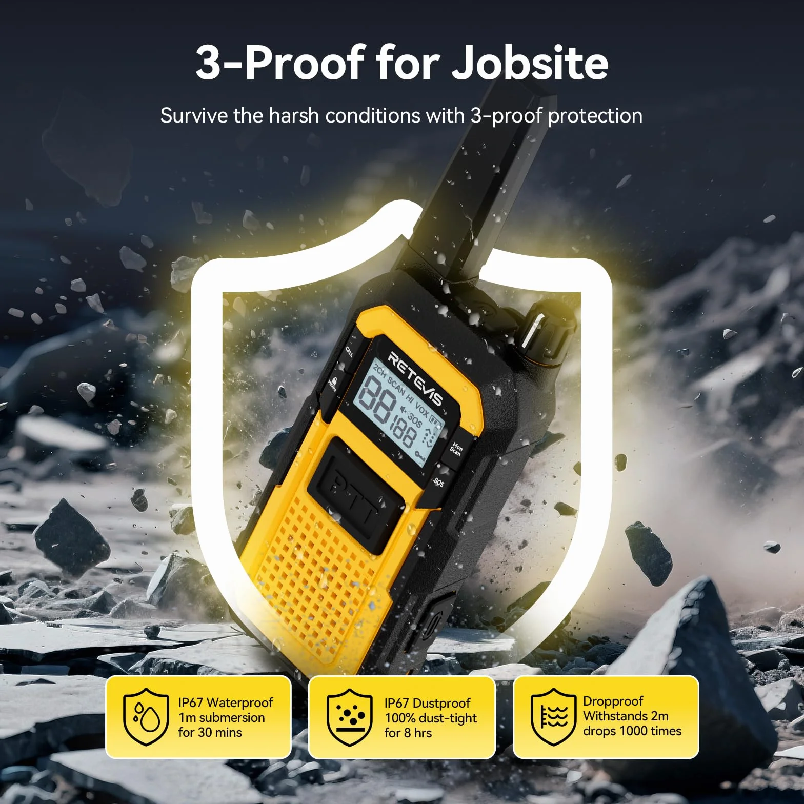 Retevis RB648 Walkie Talkies for Adults, Wodoodporne Krótkofalówki IP67, 2000 mAh, Podwójny PTT, Heavy Duty, SOS Vibration Professional, Wyposażony w ładowarkę 10-portową (10 Szt, Żółty)