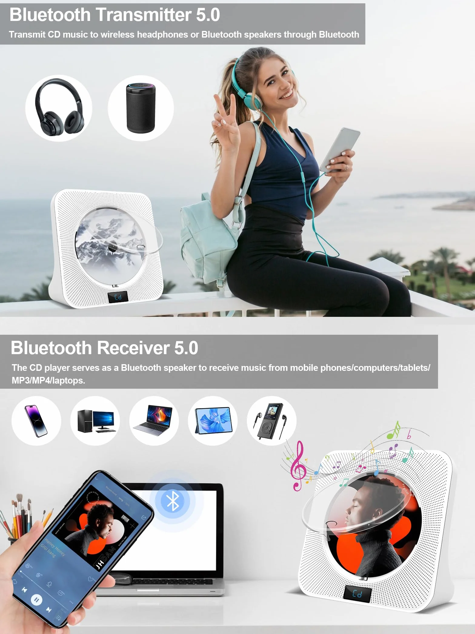Przenośny odtwarzacz CD Jimwey z głośnikami HiFi, radio FM, pilot zdalnego sterowania, ekran LED, obsługa płyt CD/Bluetooth/USB/AUX, biały odtwarzacz CD na prezent