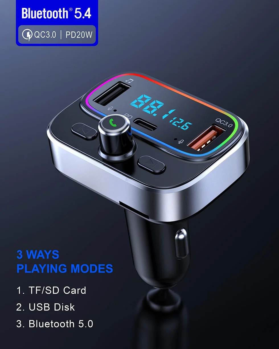 Nadajnik FM Bluetooth do samochodu, zestaw głośnomówiący, zestaw samochodowy Bluetooth, podwójny mikrofon, ładowarka USB, do wszystkich smartfonów, odtwarzacze audio, obsługuje kartę TF/SD dysk USB
