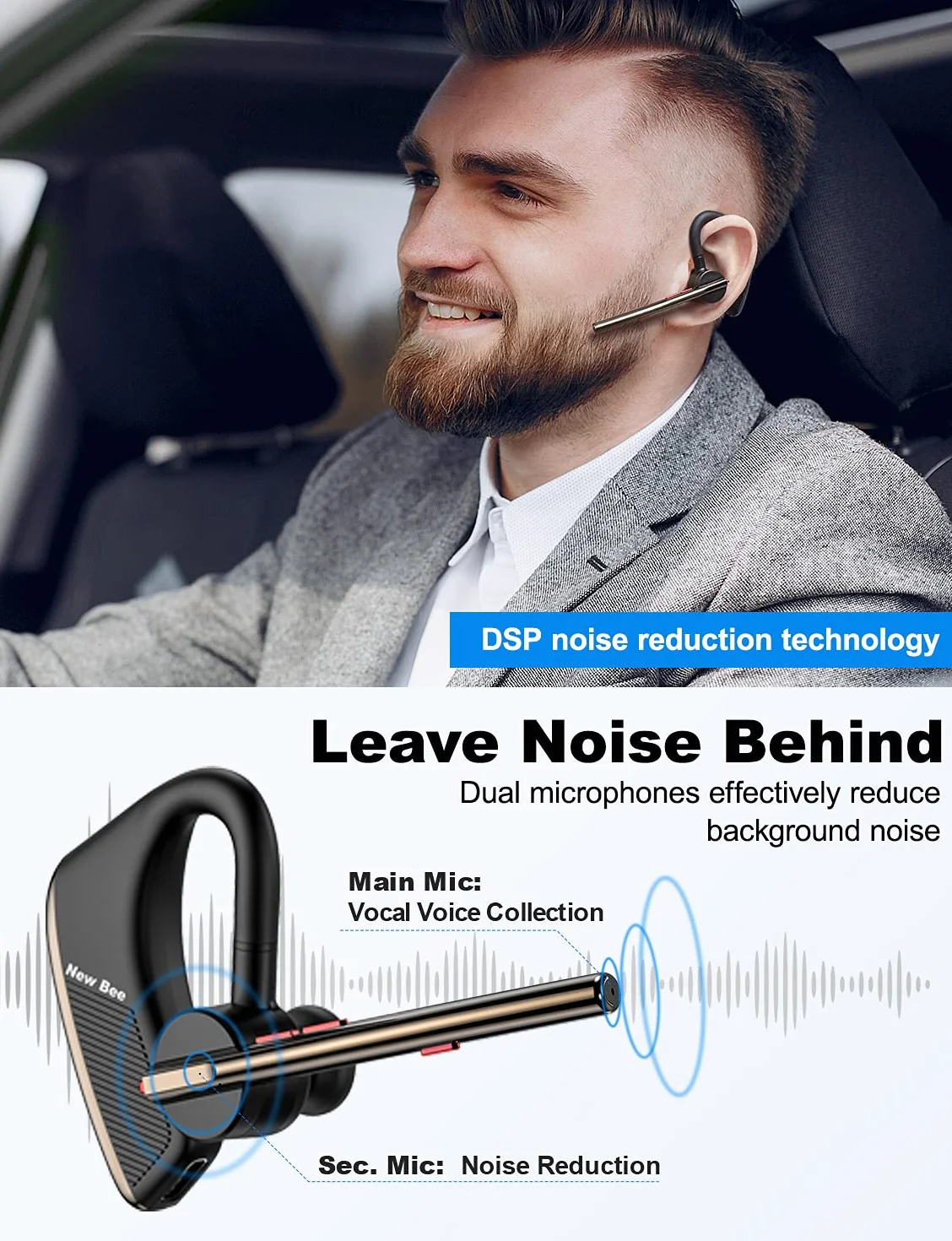 New bee Zestaw słuchawkowy Bluetooth zestaw głośnomówiący Bluetooth V5.2 pojedyncze ucho lekka słuchawka z 24-godzinnym czasem rozmów do iPhone'a, Androida i laptopa