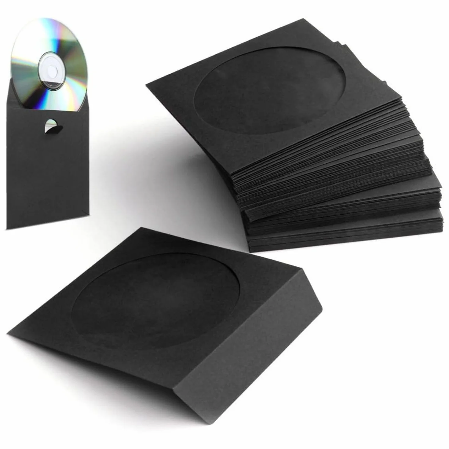 Flexzion 100 sztuk płyt CD DVD grube papierowe rękawy (czarne) standardowe koperty etui ekspozycyjne przechowywanie premium z wycięciem na okno i klapką na muzykę filmową dysk do gier wideo