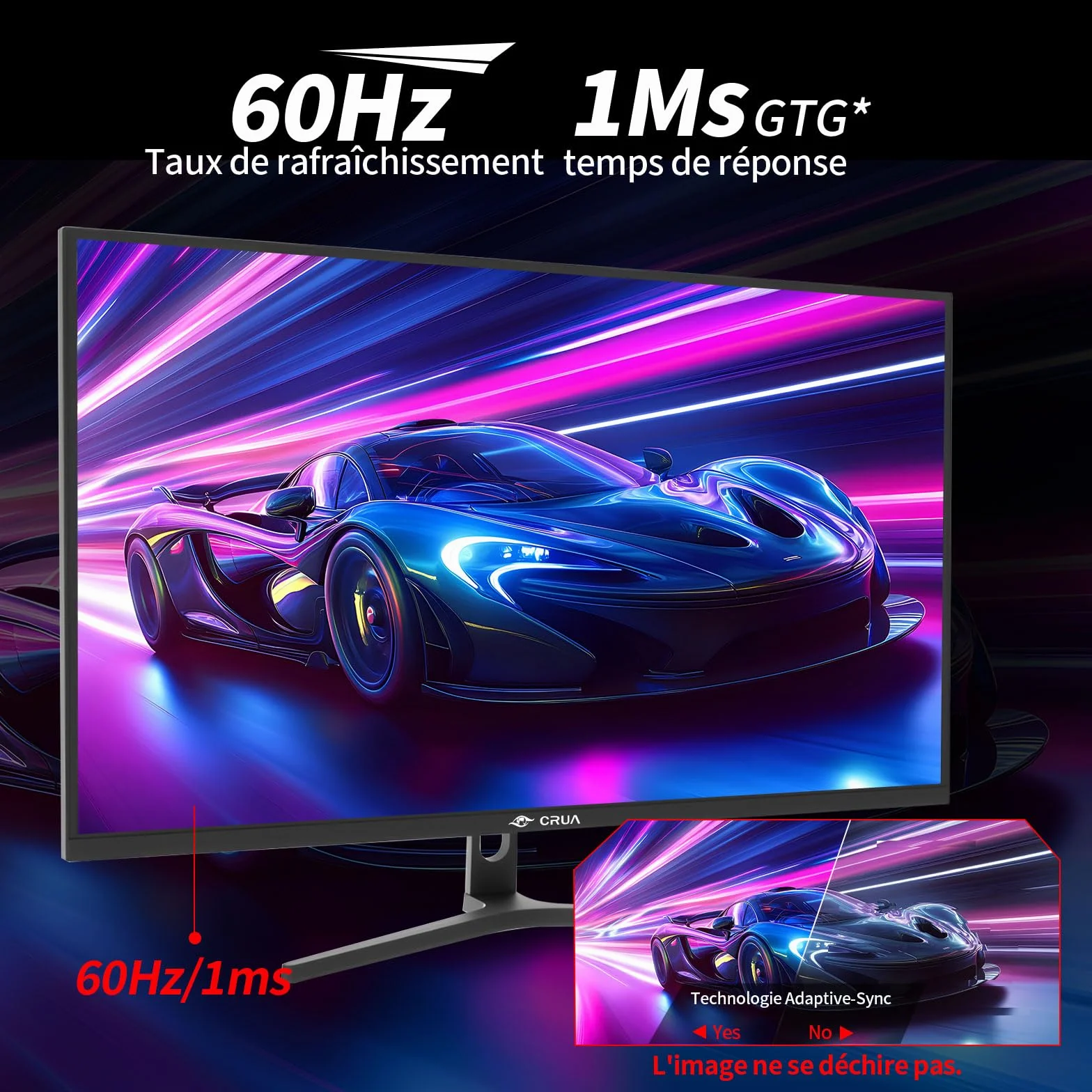 CRUA 32-calowy ekran PC Gamer 4K, monitor gier UHD (3840 x 2160) ekran PC - VA 1ms GtG 60 HzHZ, wyświetlacz HDRTM 400, 98% DCI-P3, AMD FreeSync, nachylenie, regulacja wysokości, tryb portretowy
