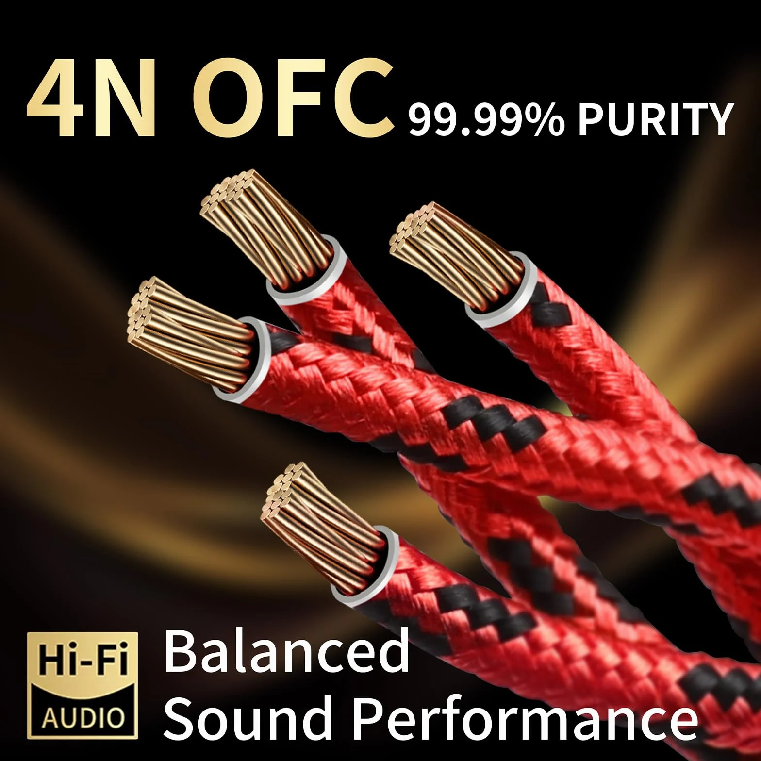 Audiofilski kabel audio do głośników HiFi 10 AWG – rdzeń OFC 4N, pozłacane 24-karatowym złotem wtyki bananowe z nylonowym oplotem; kompatybilny ze wzmacniaczem, głośnikami, kinem domowym i