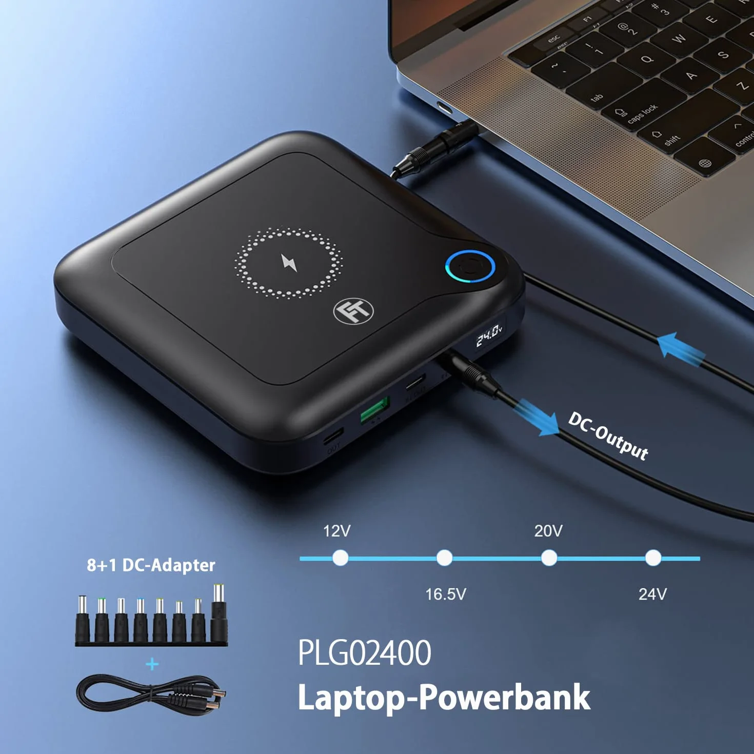 FeinTech PLG02400 Laptop Powerbank 60 W PD USB-C i DC przyłącze do notebooka, MacBooka, iPada, tabletu, smartfona, aparatu, Nintendo Switch, 10 W, bezprzewodowe ładowanie, 88 Wh, 24000 mAh, 122 x 122