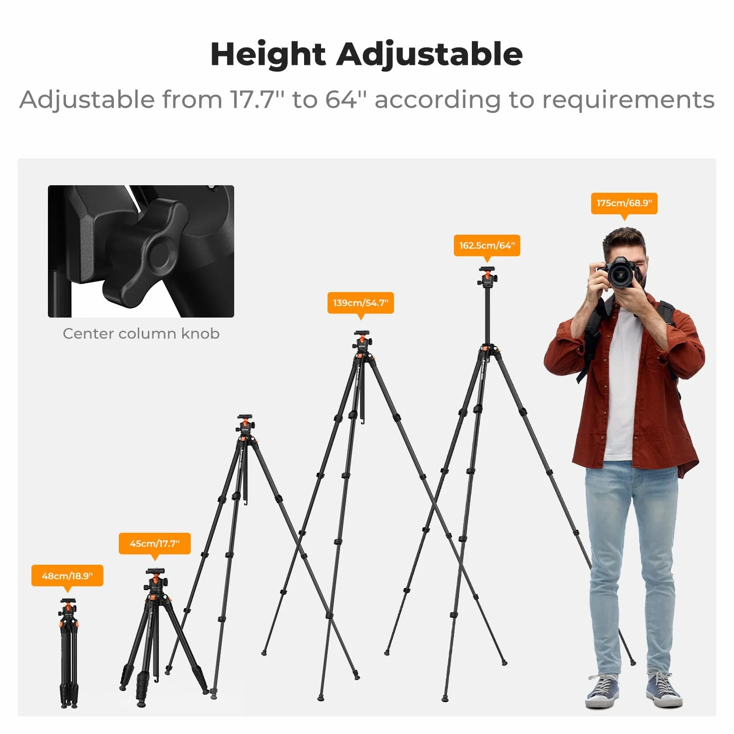 K&F CONCEPT Statyw o wysokości 163 cm/64" z głowicą kulową, wykonany z wytrzymałego aluminium, do aparatów DSLR i smartfonów, z uchwytem na telefon i tablet.