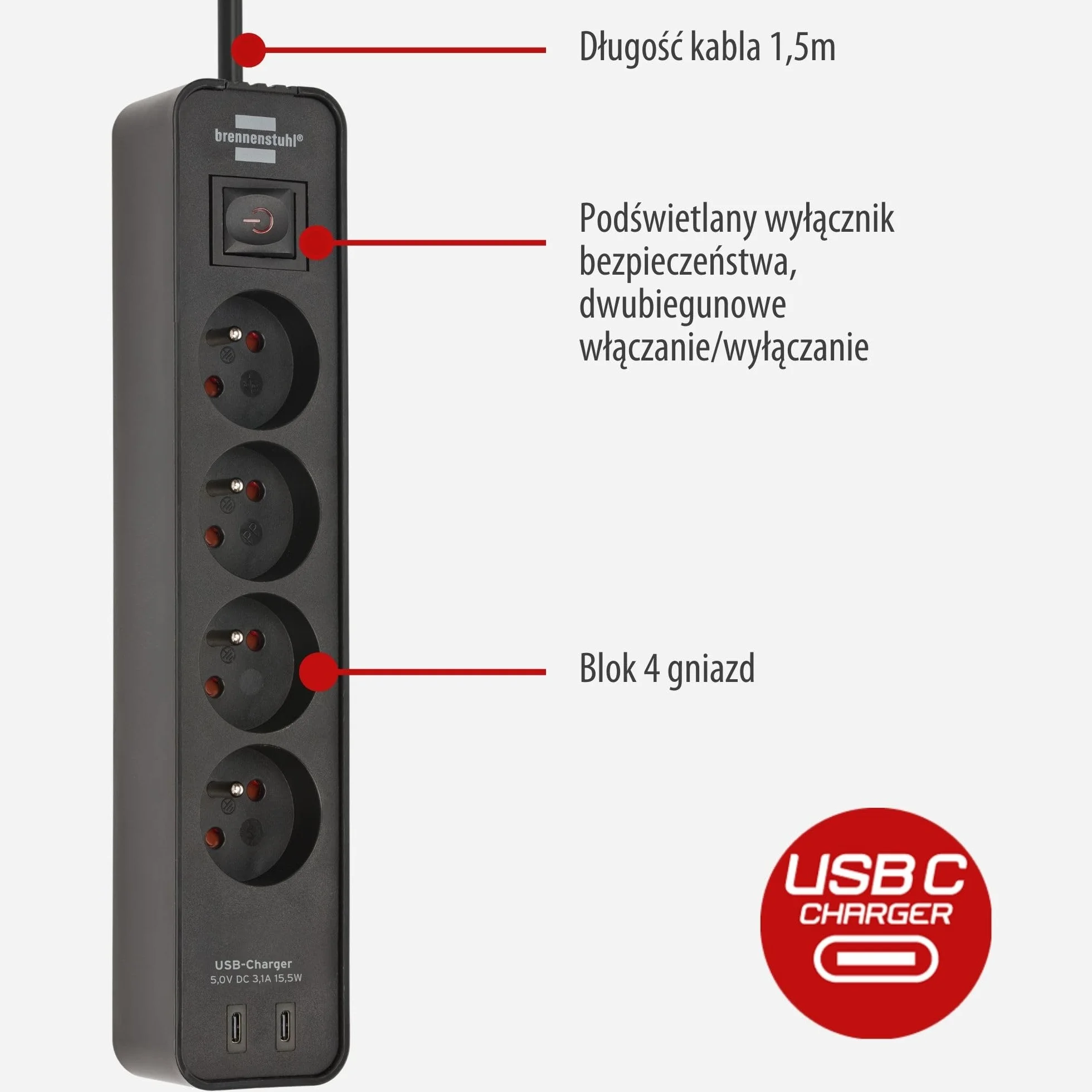 Brennenstuhl Ecolor 4 gniazda listwa zasilająca z gniazdem ładowania USB (gniazdo wielokrotne z 2x USB C, przełącznikiem i kablem 1,5 m) czarna