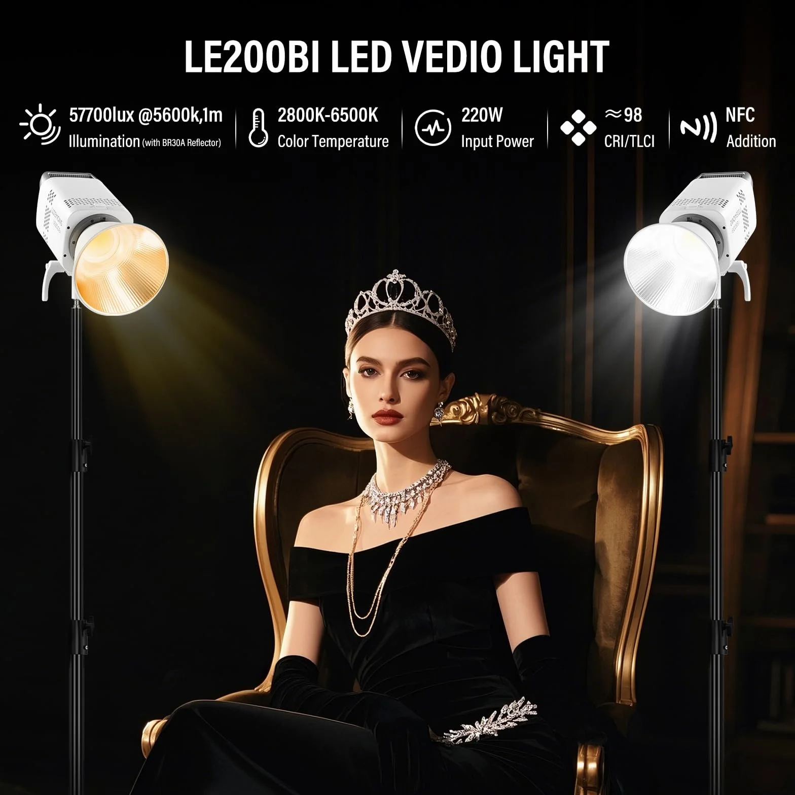Godox LE200Bi lampa wideo LED COB, Godox LE200 Bi 220 W dwukolorowa CRI/TLCI 98+ profesjonalny montaż Bowens światło ciągłe 57700 Lux@1 m aplikacja DMX sterowanie ultra ciche do nagrywania wideo