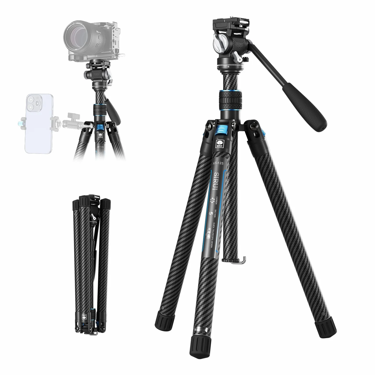 SIRUI Traveler Air Carbon statyw do kamery z głowicą przechylającą KV-5, ultralekki 1,33 kg, maks. wysokość 152 cm, nośność 5 kg, kompaktowy statyw podróżny do lustrzanek cyfrowych i aparatów