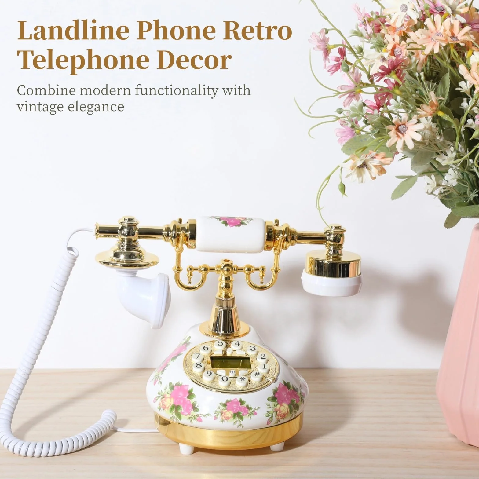 Antyczny telefon ceramiczny, vintage telefon stacjonarny z nadrukiem kwiatowym, telefon retro z przyciskiem z wyświetlaczem LCD, regulowany dzwonek