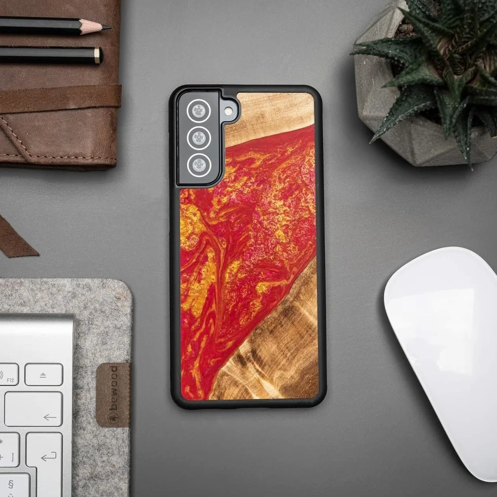 Unikalne etui ochronne z prawdziwego drewna, kompatybilne z Samsung Galaxy S21 FE, motyw Neons Paryż, naturalne drewno bocote, ręcznie wykonane, odporne na uderzenia, matowe polerowanie