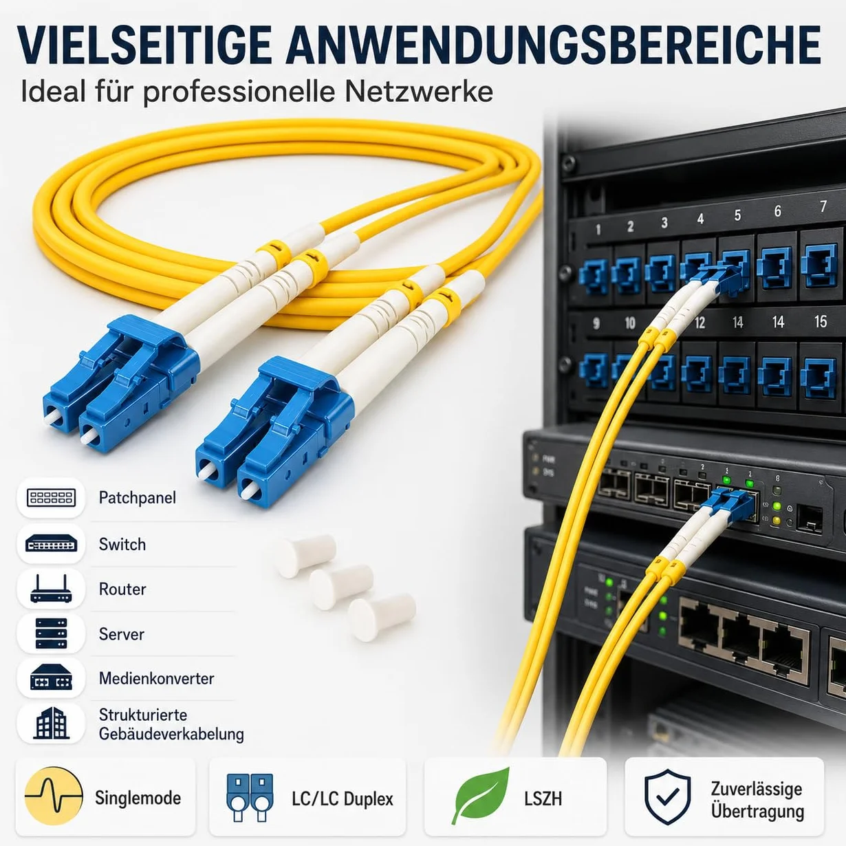 1aTTack.de 1 x 20 m OS1 / OS2 LWL DX DUPLEX kabel krosowy LC/UPC - LC/UPC SM SINGLEMODE - 9/125 µm LSZH żółty