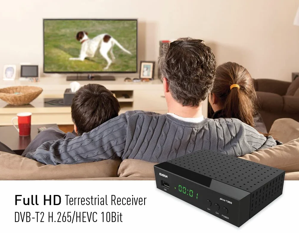 Dekoder dvb-t2 hevc EDISION PICCO T265 naziemnej Odbiornik, DVB-T2 H.265, FTA, Full HD, PVR, USB, HDMI, SCART, S/PDIF, IR, Obsługa USB WiFi, Uniwersalny pilot 2w1