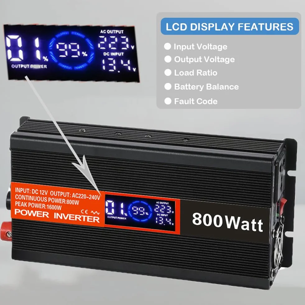 SolaMr 800W przetwornica napięcia DC 12V na AC 220V/240V z wyświetlaczem LCD i portami ładowania USB do systemów montowanych w pojazdach i na kempingach - 800W