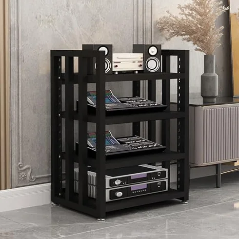 Metalowa Szafka Na Sprzęt Audio, 4-Poziomowa Szafka Na Sprzęt Audio, Z Regulowanymi Półkami Z Płyty Mdf, Nizer Na Komponenty Rozrywkowe Do Salonu, Gier, Pokoju Nagraniowego, Czarna, 4-Poziomowa