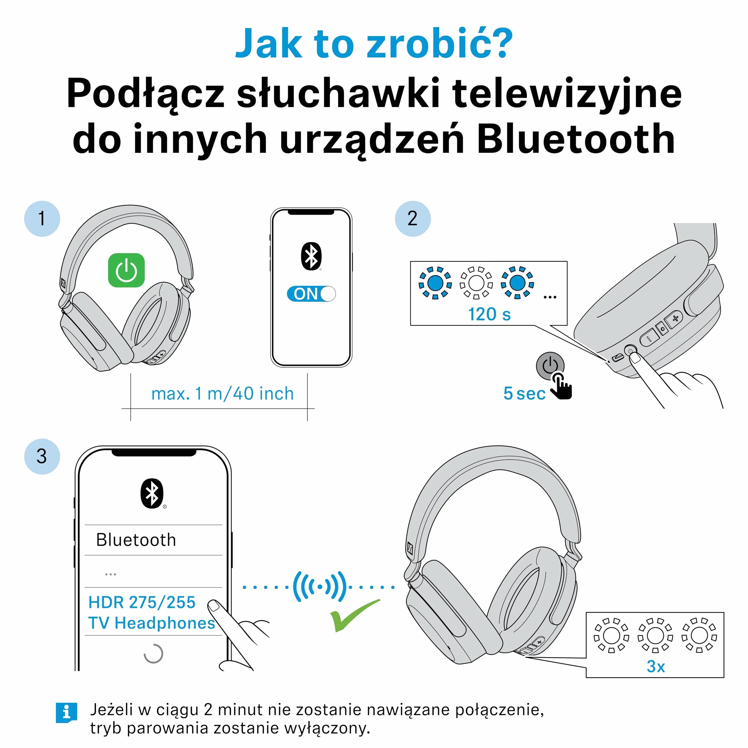 Sennheiser RS 255 Słuchawki Telewizyjne, Zestaw Słuchawek Bluetooth z Nadajnikiem, Bezprzewodowe o Niskich Opóźnieniach z Wirtualnym Dźwiękiem Przestrzennym, do 50 h Pracy na Baterii