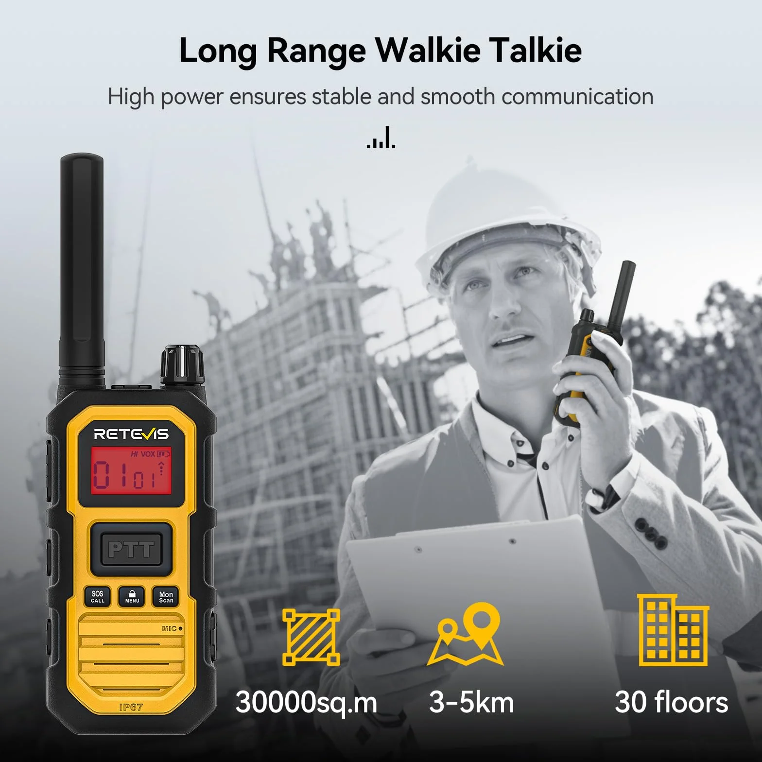 Retevis RB648 Plus Wodoodporne Walkie Talkie IP67, Radiotelefony Dwukierunkowe Dalekiego Zasięgu, Połączenie Grupowe, 2000 mAh Typ-C, Akumulatorowe Radio Dwukierunkowe do Budowy Fabryk (6 Szt. Żółty)