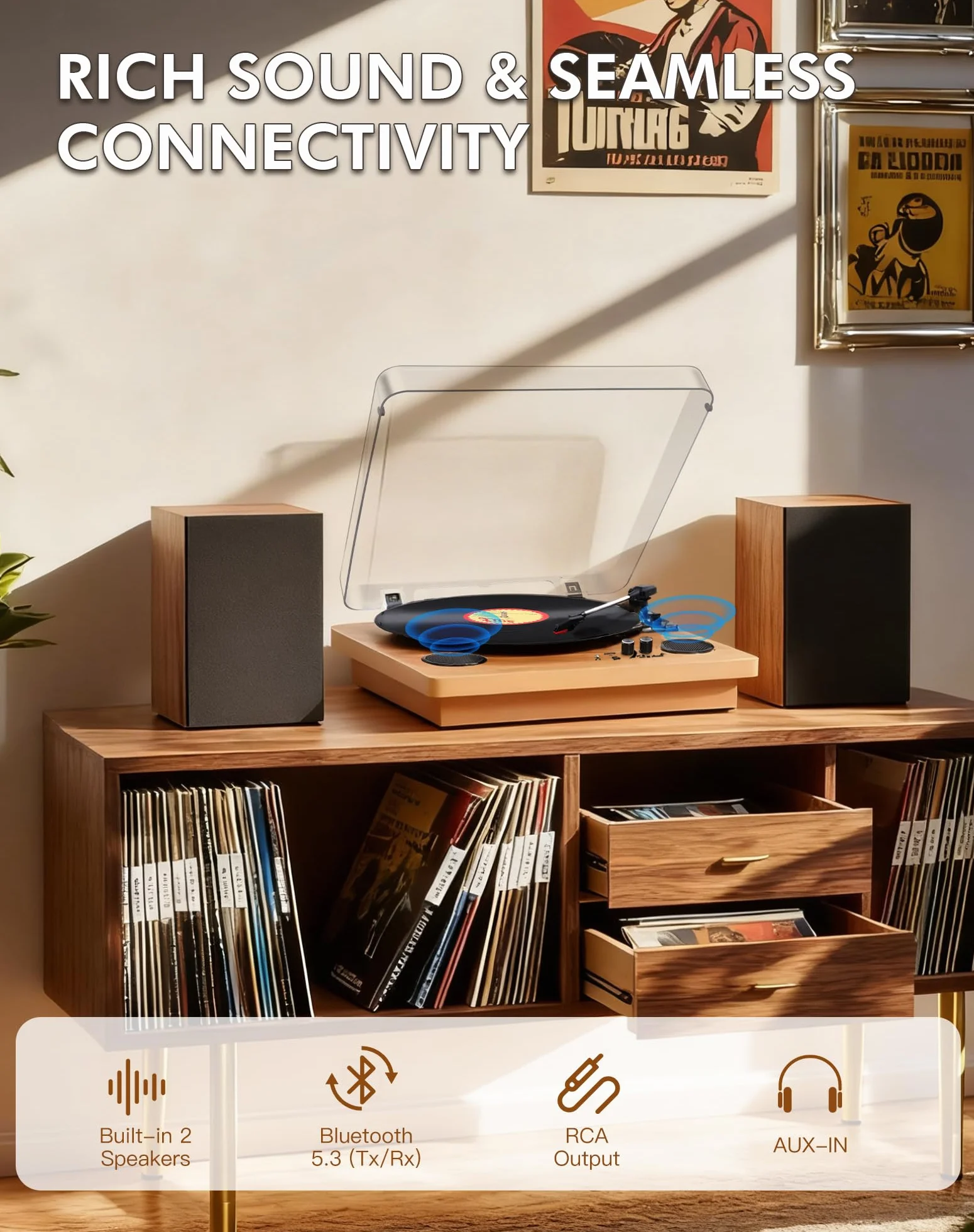 VIFLYKOO Gramofon Bluetooth 5.4,Gramofon z 2 Głośnikami Stereo, Bezprzewodowy 3-biegowy 33/45/78 obr./min, Retro Gramofony Obsługuje Wejście Słuchawkowe/Wejście AUX/Wyjście RCA/USB