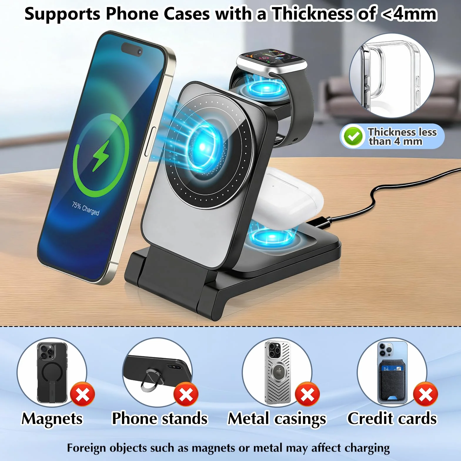 Ładowarka Bezprzewodowa 3-w-1, Stacja Ładowania Indukcyjnego, Podstawka do Szybkiego Ładowania, Wireless Charger do iPhone 17 Air 16e 16 15 14 13 12 11 oraz Apple Watch i AirPods