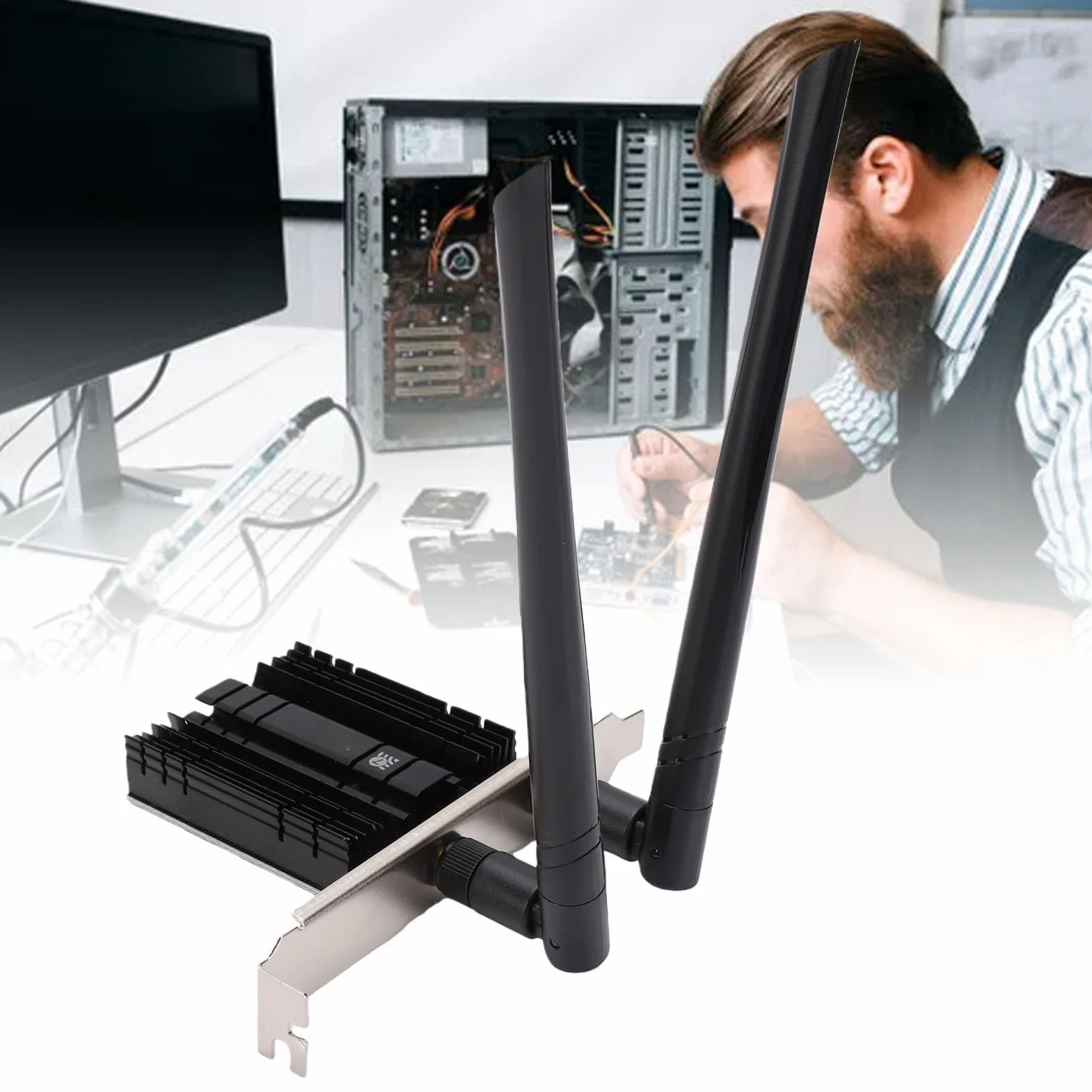 Bewinner Karta WiFi 7 PCIe, Trójzakresowy BE200 NGW 8774Mbps, Bluetooth 5.4 | Trójzakresowy 8774 Mb/s, 6 GHz 5 GHz 2,4 GHz, Bluetooth 5.4, dwie anteny, adapter PCIe do komputerów stacjonarnych, system
