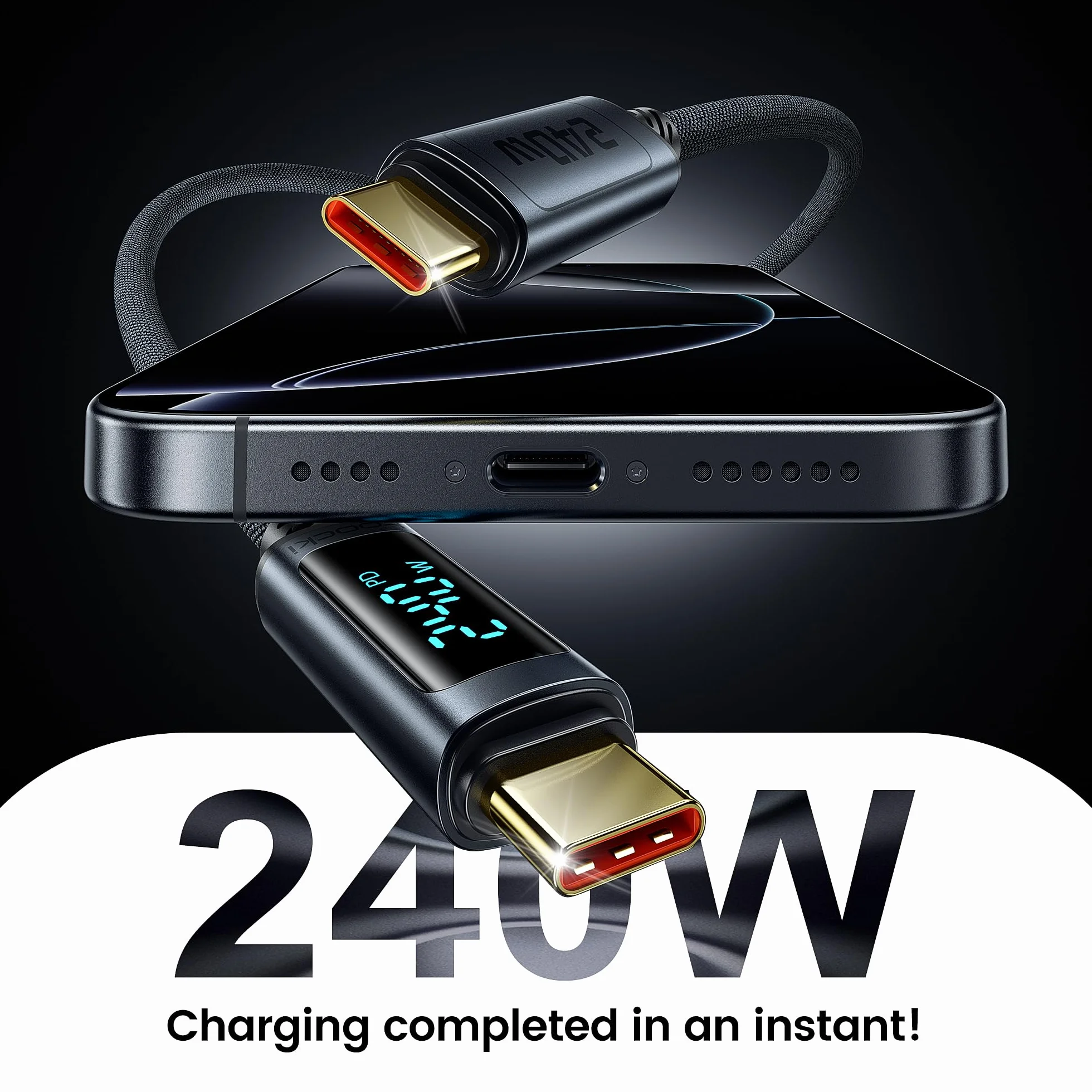 toocki Kabel USB-C 1M 240W z LED. Kompat. z iPhone 16/15 Pro Max, iPad Pro, Galaxy S24/S23, Switch, MacBook Air, Pixel.