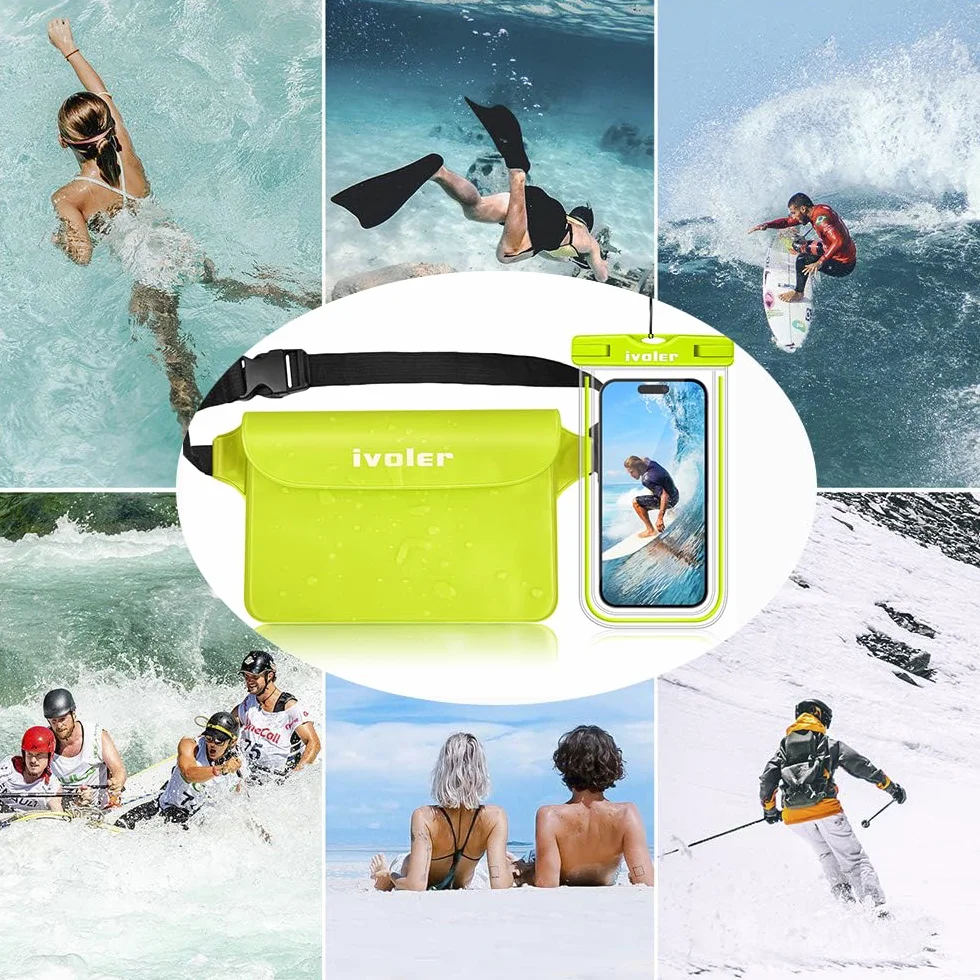 ivoler Wodoodporna torba +etui na telefon, wodoodporna torba na plażę, do pływania, pływania łodzią, kajakiem, wędrówek, ochrony telefonu, gotówki, paszportu, dokumentu przed wodą-Cytrynowa zieleń