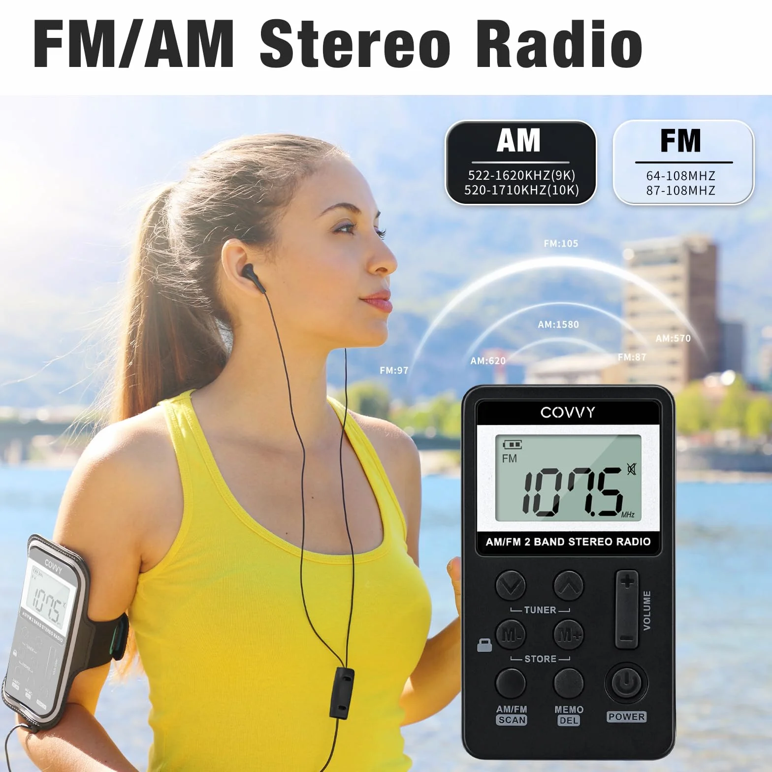 Covvy Przenośne Radio AM/FM Cyfrowe Mini 500 mAh 3,7 V Akumulator Wielokrotnego Ładowania Słuchawki Czarne