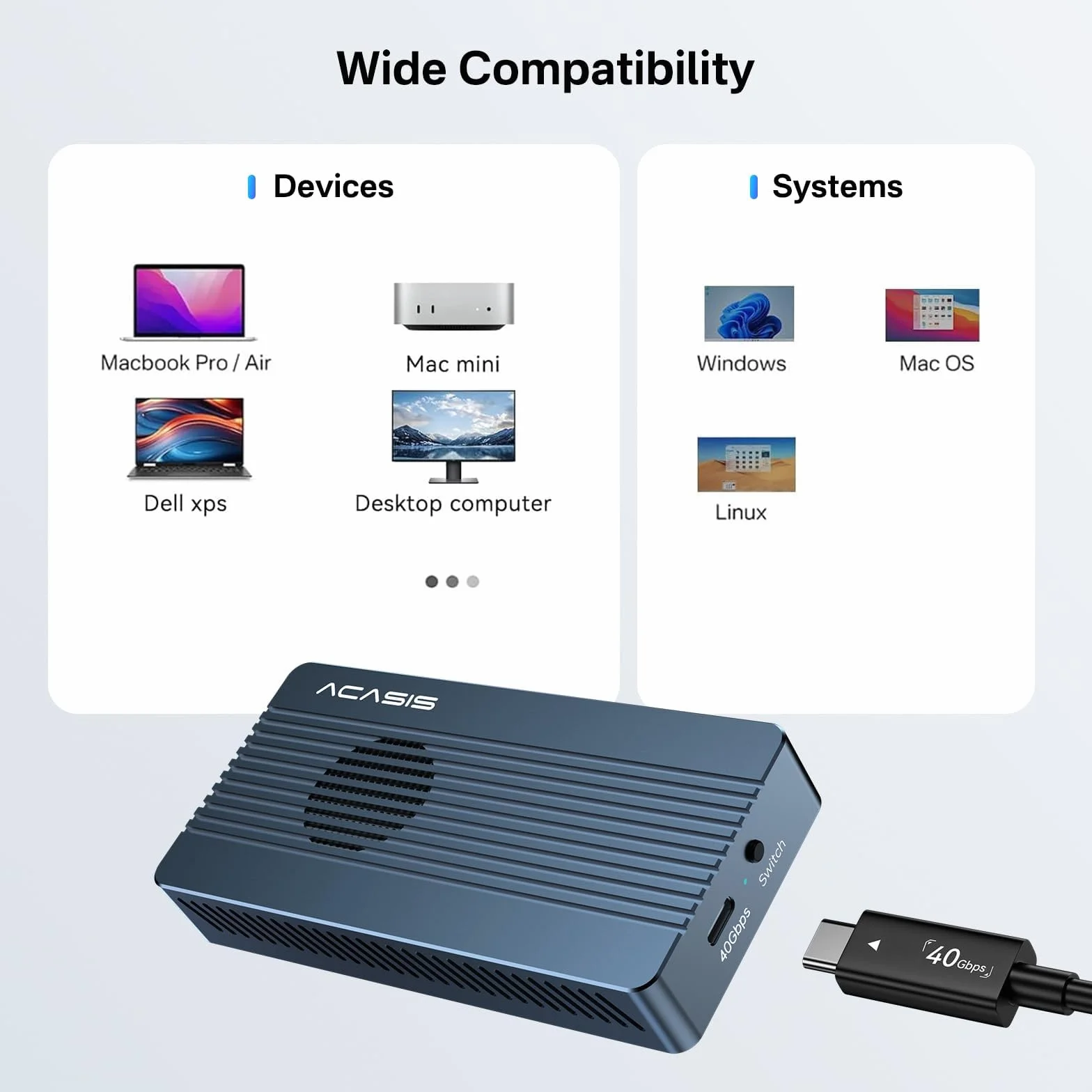 ACASIS Obudowa SSD M.2 NVMe 40 Gbps z wbudowanym wentylatorem, instalacja bez użycia narzędzi do M1 M2 Pro/Max, kompatybilna z USB4/3.2/3.1/3.0/2.0, obsługuje SSD rozmiar 2280 B+M M-Key(405Pro)