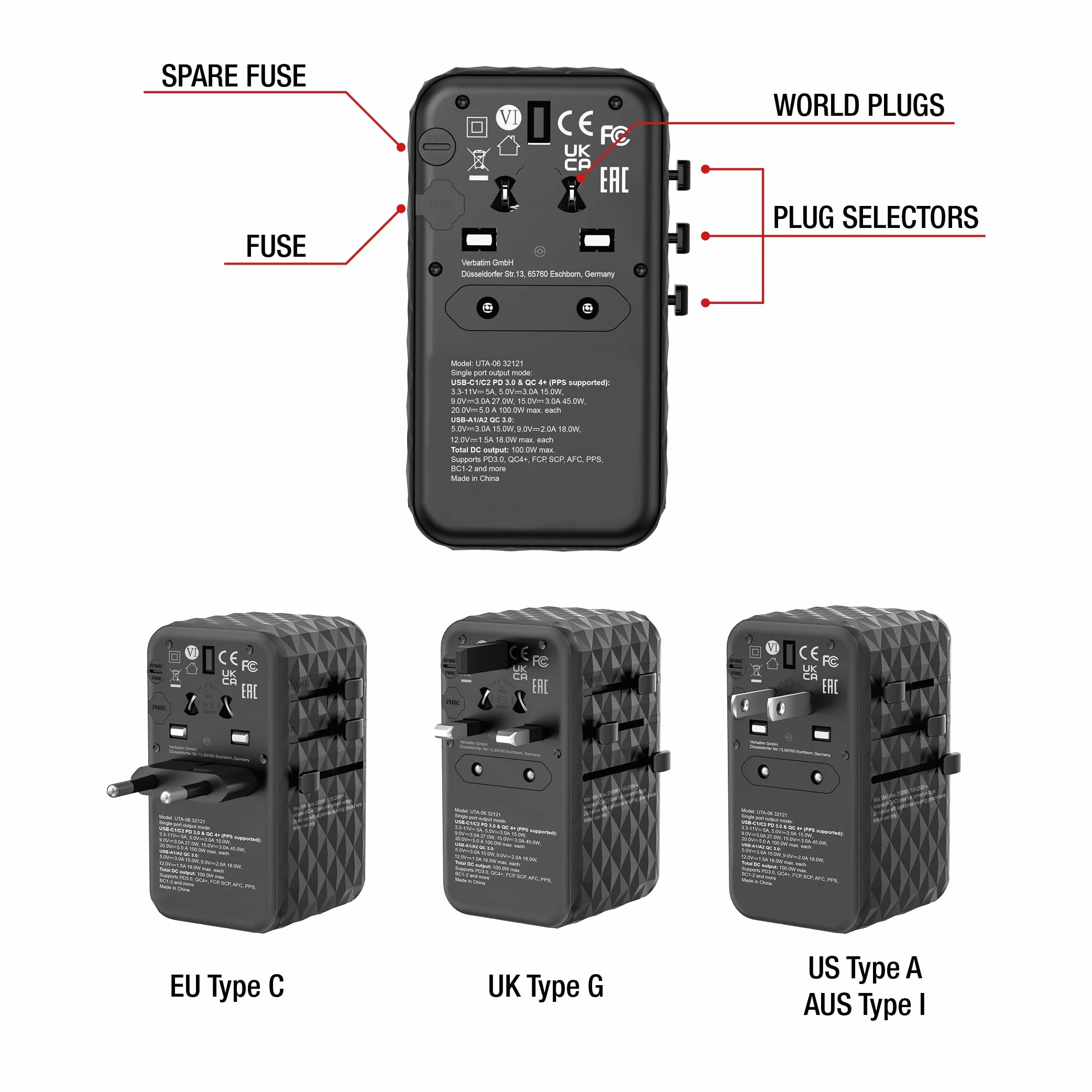 Verbatim GaN uniwersalny adapter podróżny UTA‑06 100 W, adapter z 2 gniazdami USB‑A i 2 portami USB-C, szybka ładowarka do laptopa, telefonu komórkowego, aparatu fotograficznego i Co, wtyczka podróżna