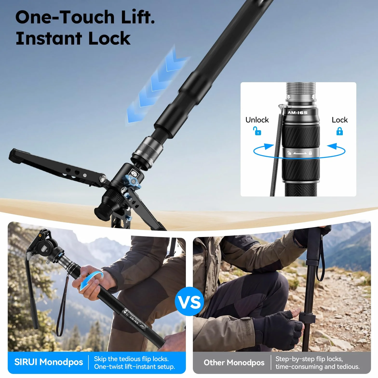 SIRUI Monopod wideo z włókna węglowego do aparatu, monopod 3 w 1 do głowicy płynu, maksymalna wysokość 165 cm, nośność 6 kg, głowica płynu do DJI RS i MFT 501