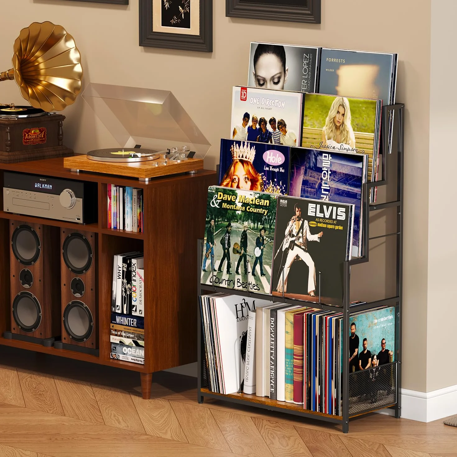 5-poziomowy stojak do przechowywania płyt winylowych z półką na płyty, organizer winylowy, 250-320 albumów, metalowy stojak na płyty LP, CD, DVD, czasopisma, książki
