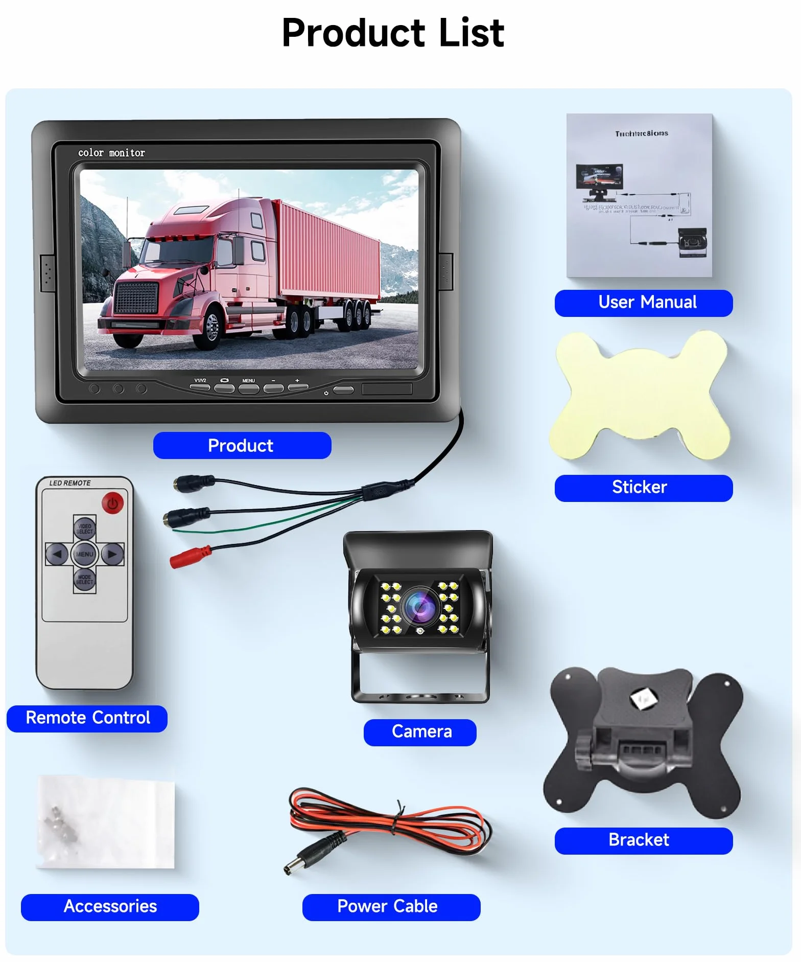 Podofo Kamera cofania z monitorem HD 7'' 10 m kabel IP69 elektroniczny samochód noktowizor do samochodu SUV-a Van RV Łatwa instalacja Przewodowa kamera DC 12-24V