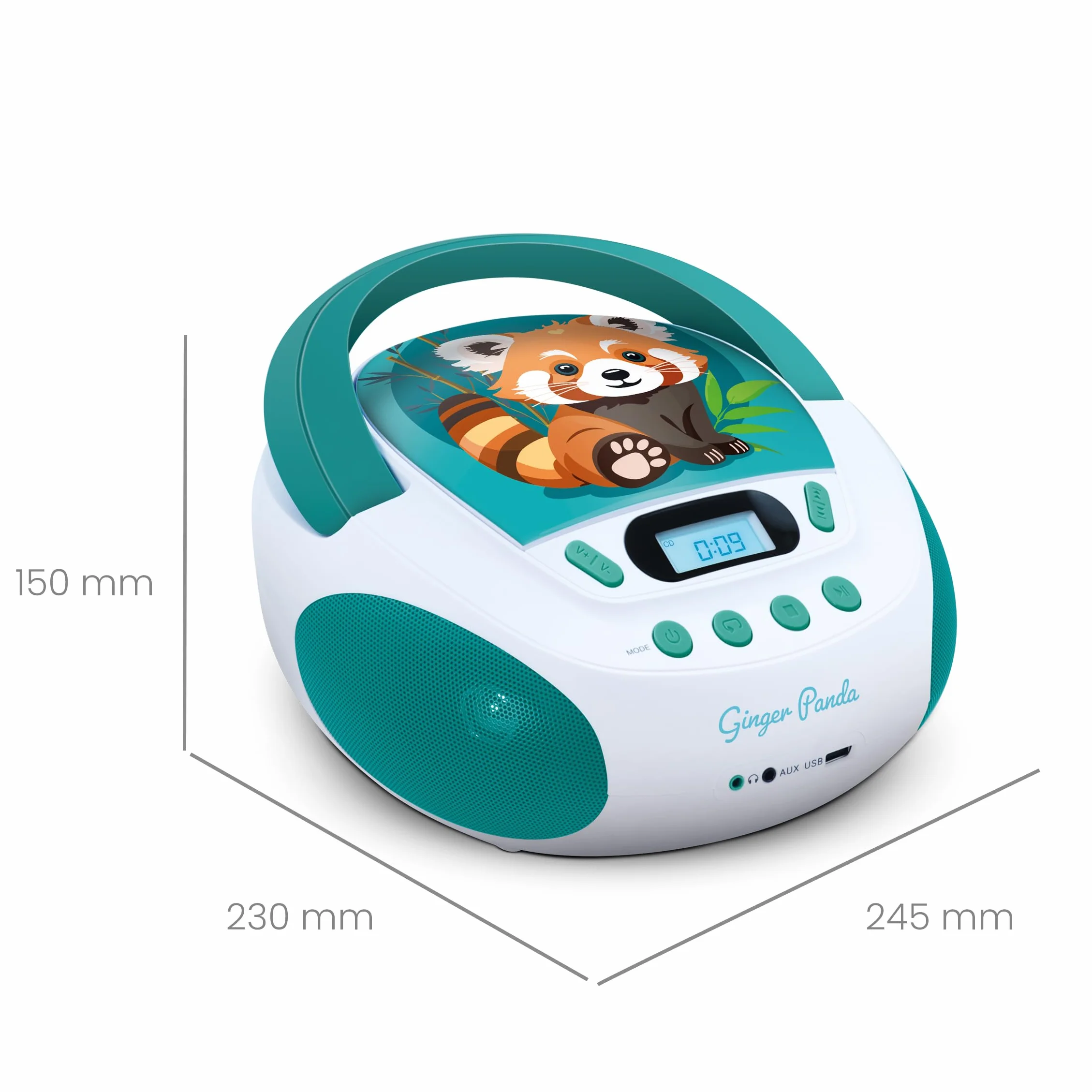 MOOOV 477414 Czerwona Panda Odtwarzacz CD dla dzieci i port USB - AUX-in - Gniazdo słuchawkowe - przenośna stacja z uchwytem do przenoszenia - Zasilanie sieciowe lub baterie - zielony i biały